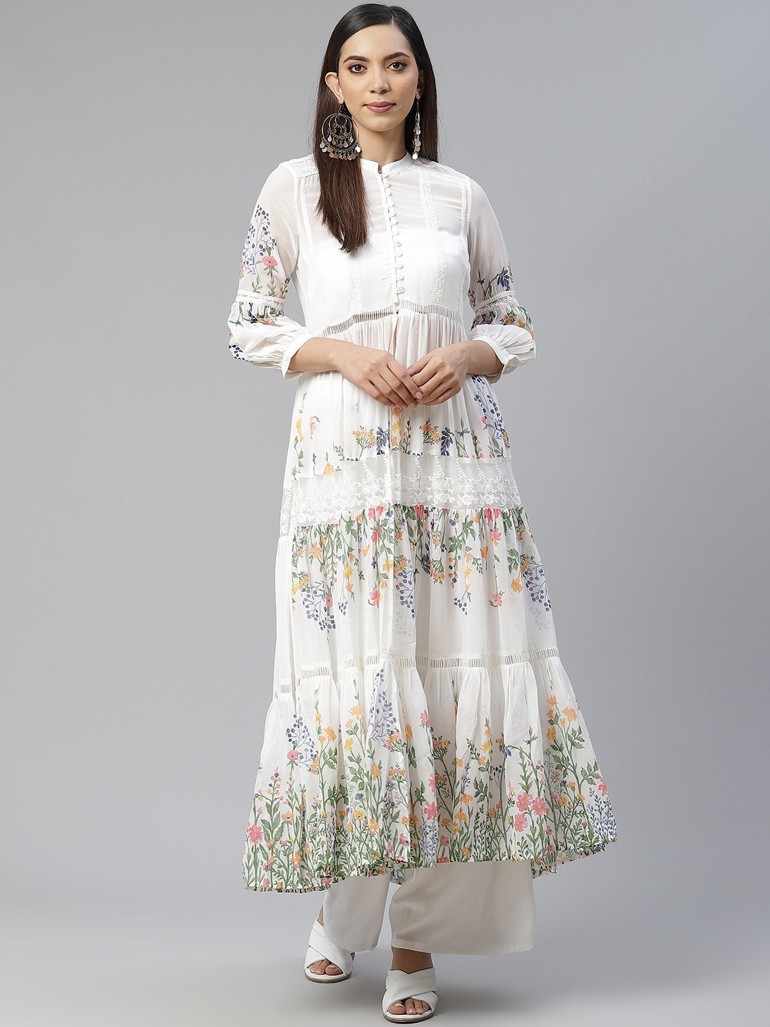 

W Women White & Green Floral Print High-Slit Sheer Tiered A-Line Kurta