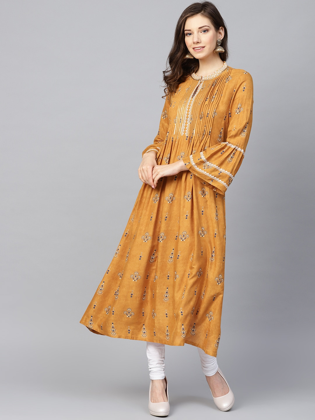 

W Women Mustard Yellow & Off-White Printed A-Line Sustainable Kurta
