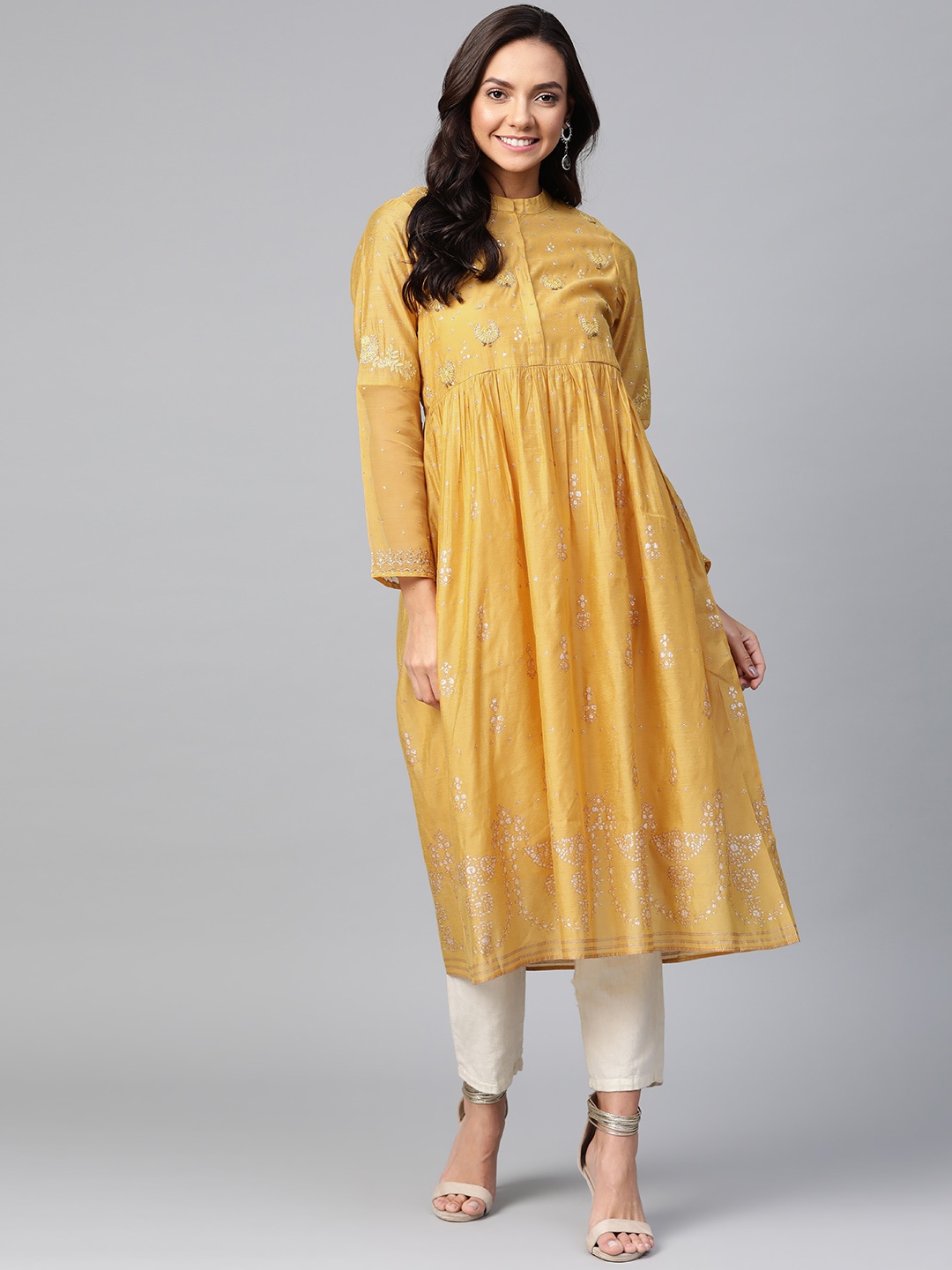 

W Women Mustard Yellow & Silver Printed A-Line Kurta
