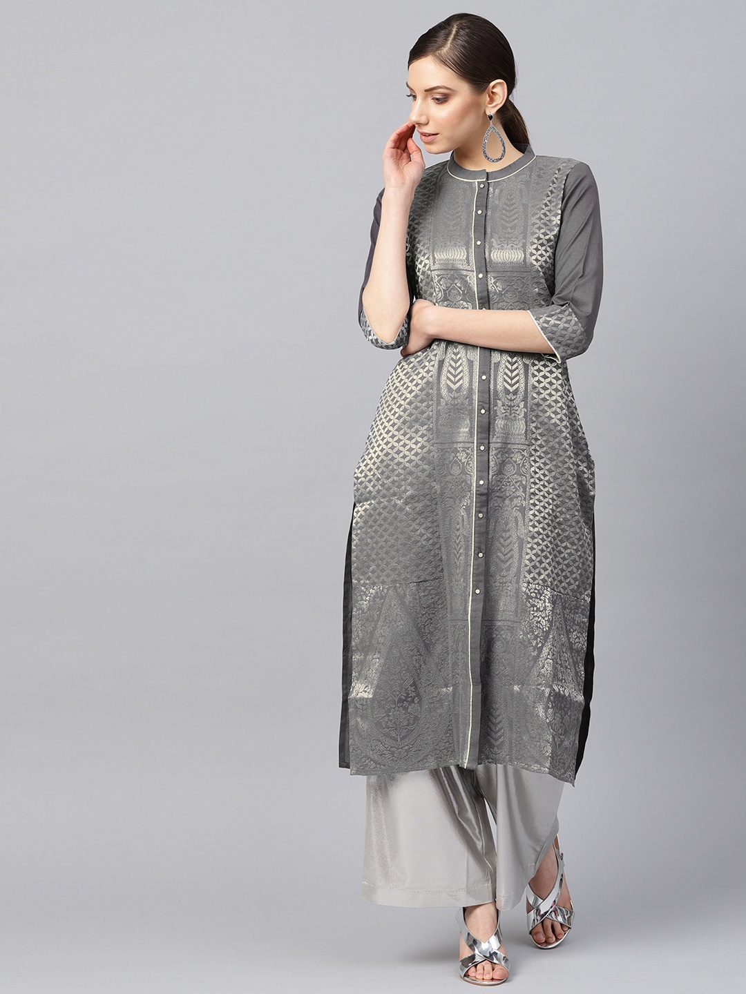 

W Women Charcoal Grey & Silver Woven Design Straight Kurta