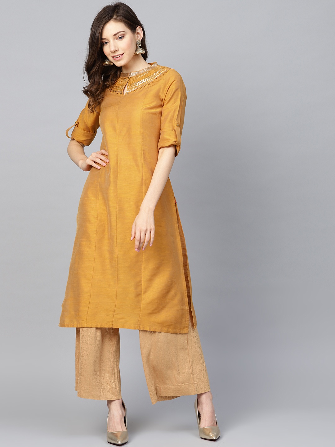 

W Women Mustard Yellow Solid Straight Kurta