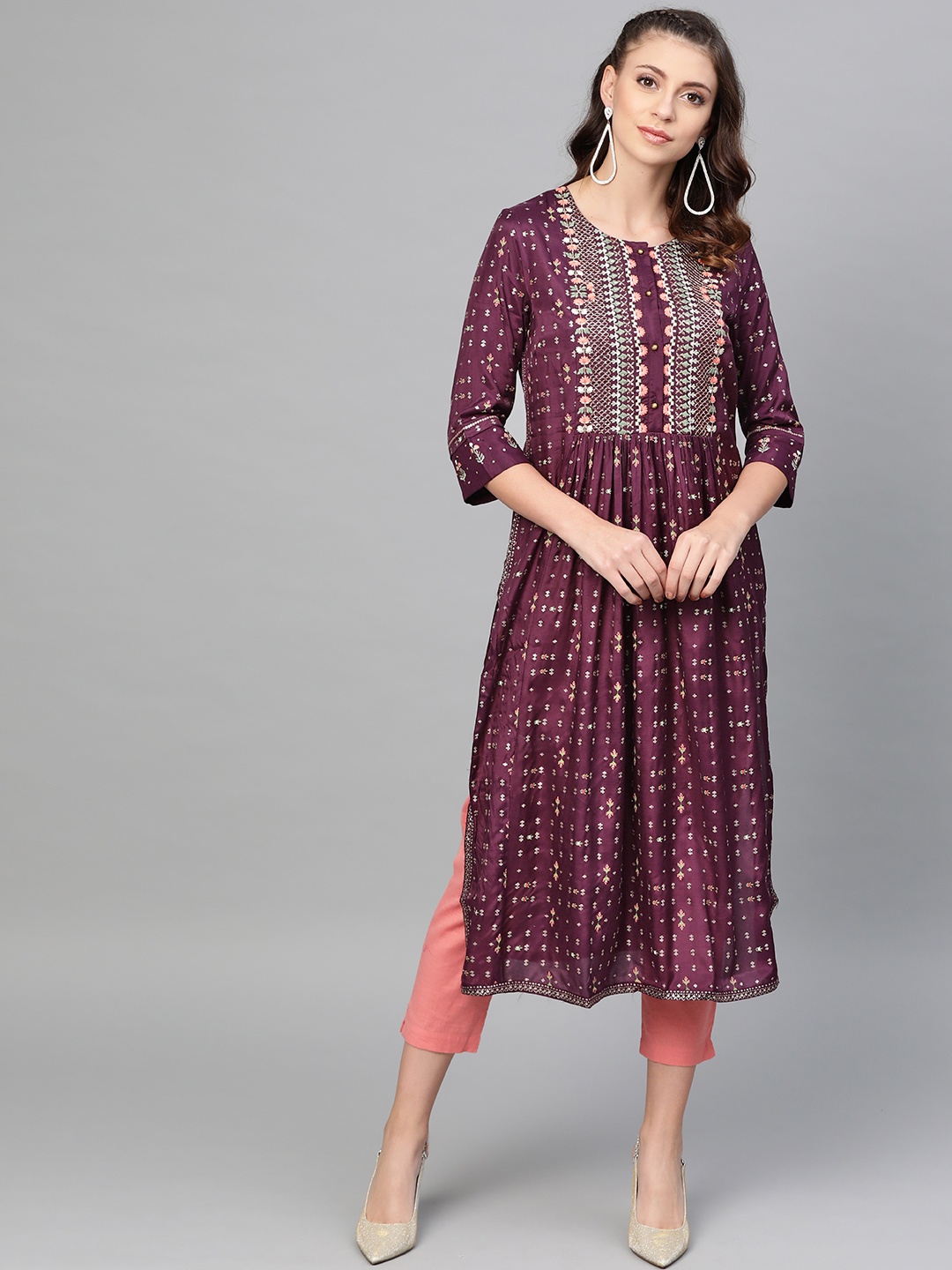 

W Women Purple & Silver Printed Straight Kurta