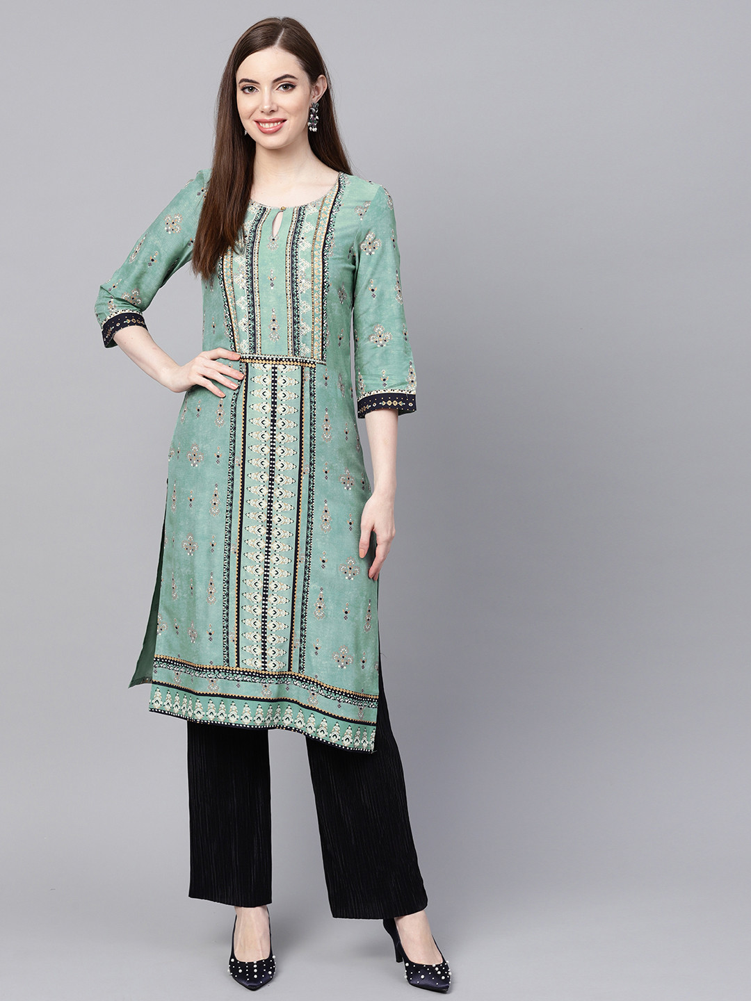 

W Women Green & Black Printed Straight Kurta