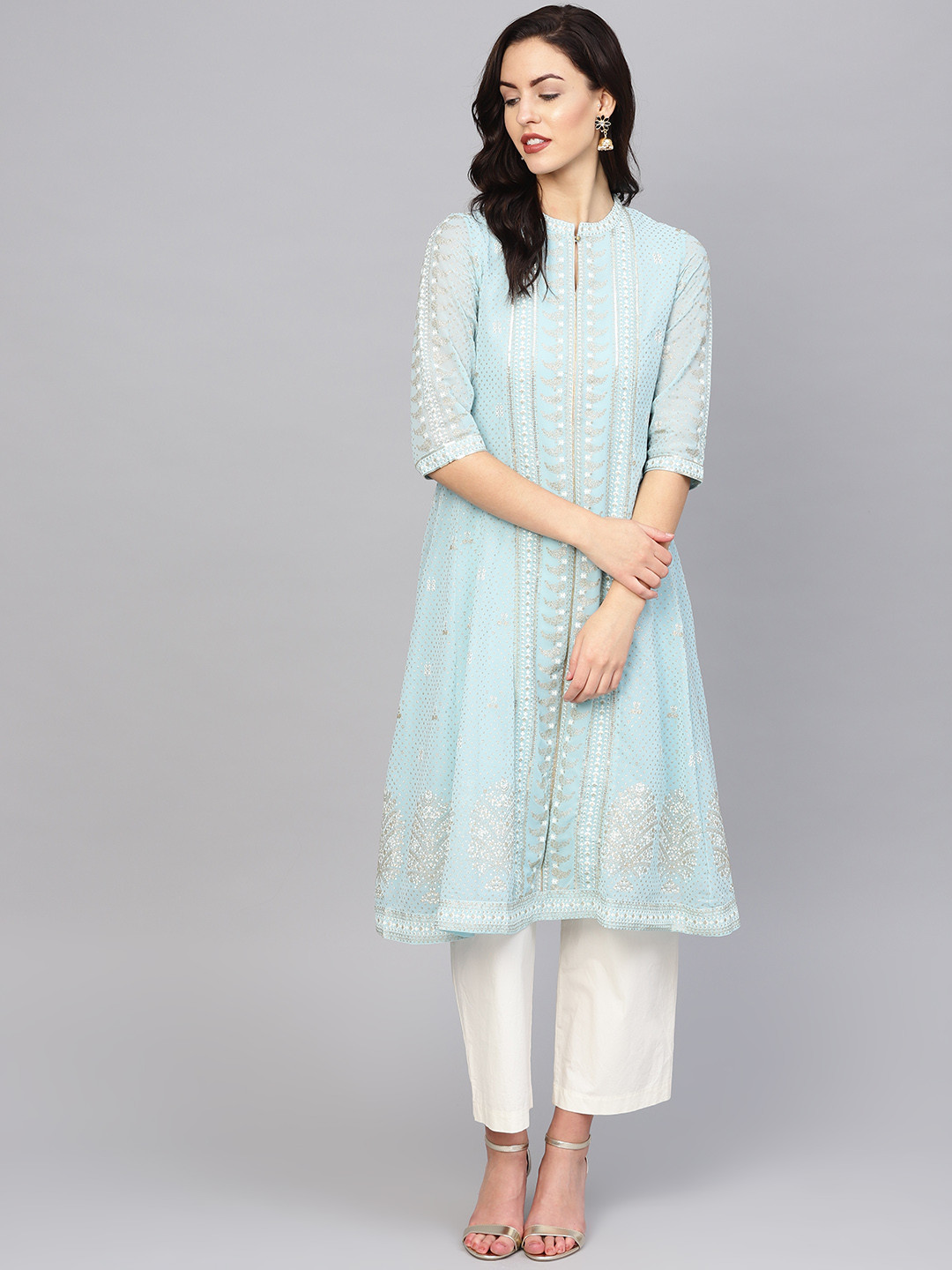 

W Women Blue & Golden Printed A-Line Kurta