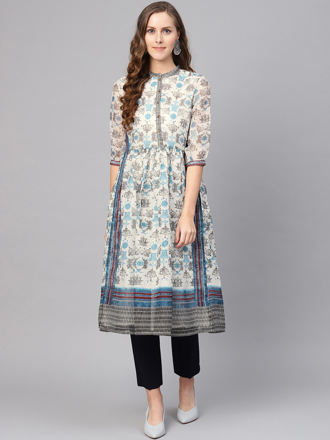 

W Women White & Blue Printed A-Line Kurta