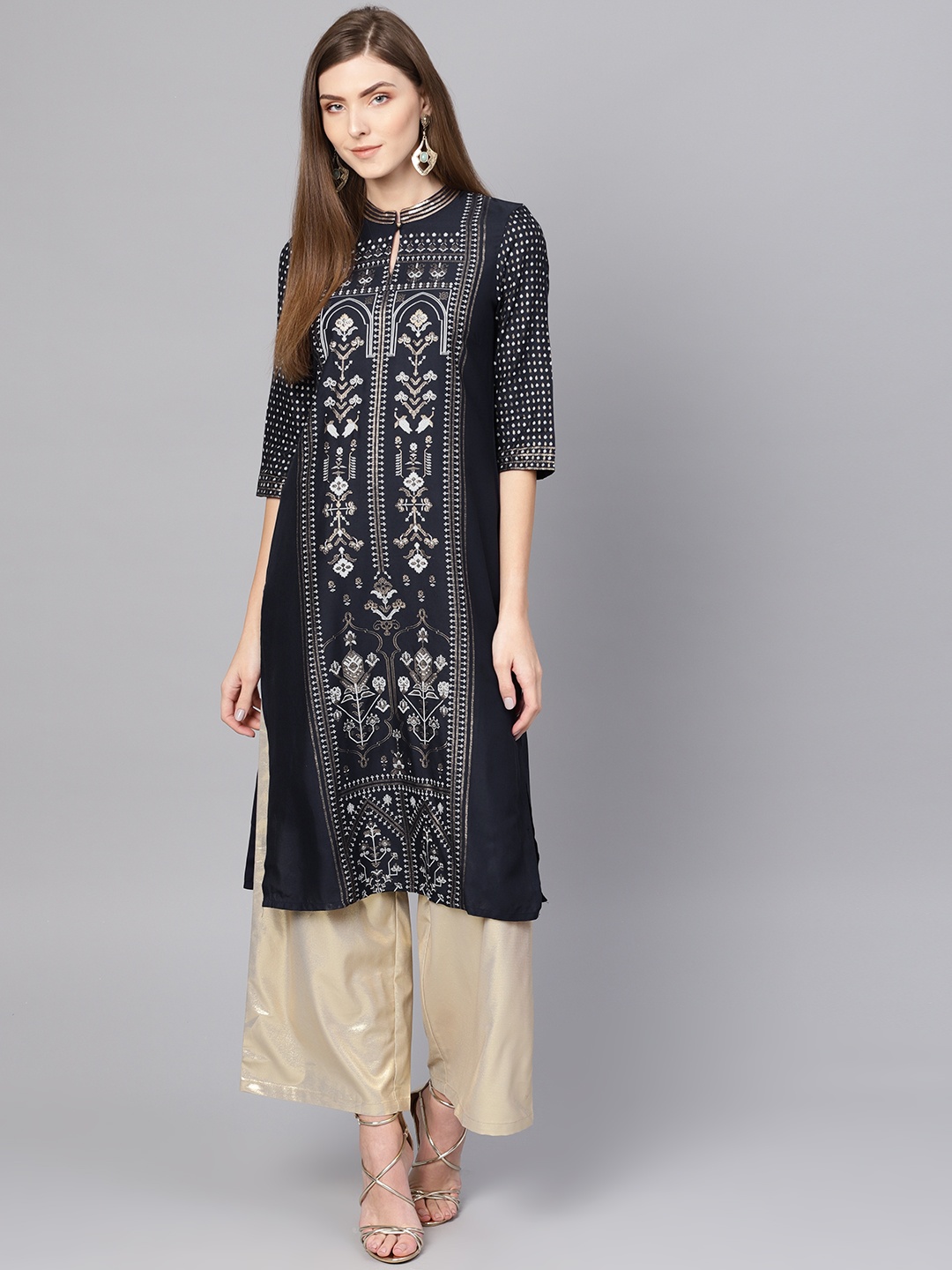

W Women Navy Blue & White Printed Straight Kurta
