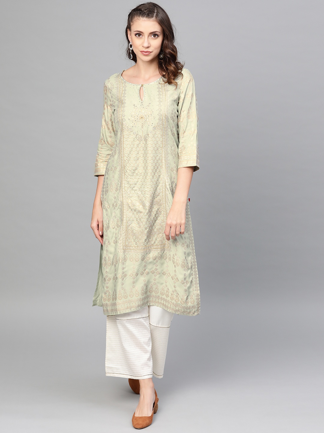 

W Women Sea Green & Golden Printed Straight Kurta