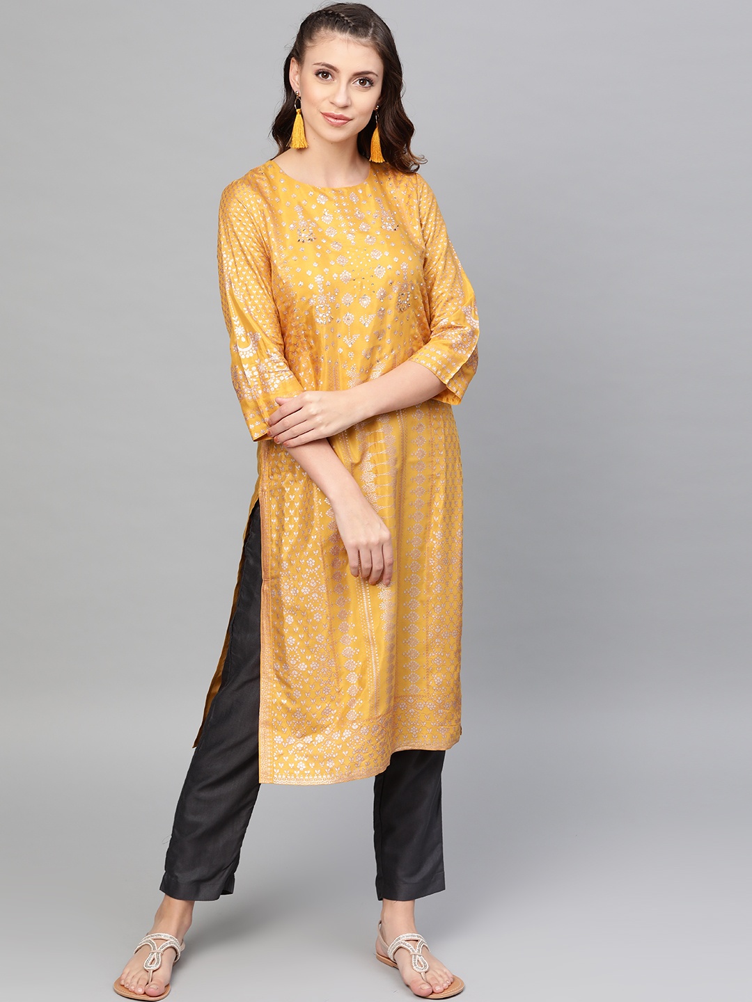 

W Women Mustard Yellow & Golden Printed Straight Kurta