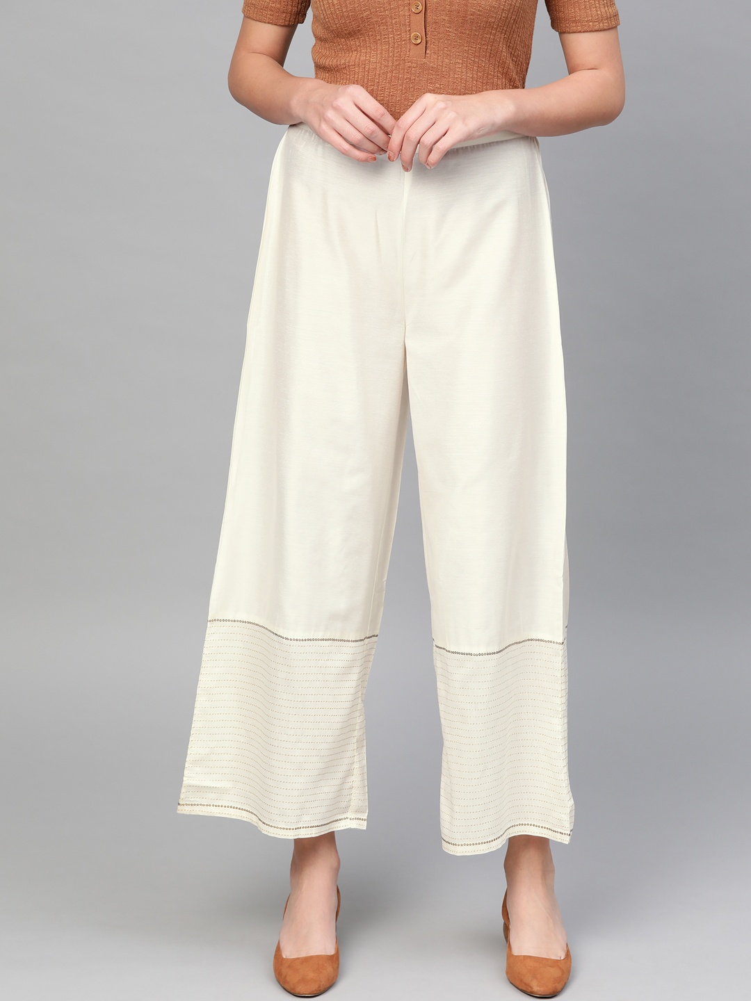 

W Women Off-White Hem Design Straight Palazzos