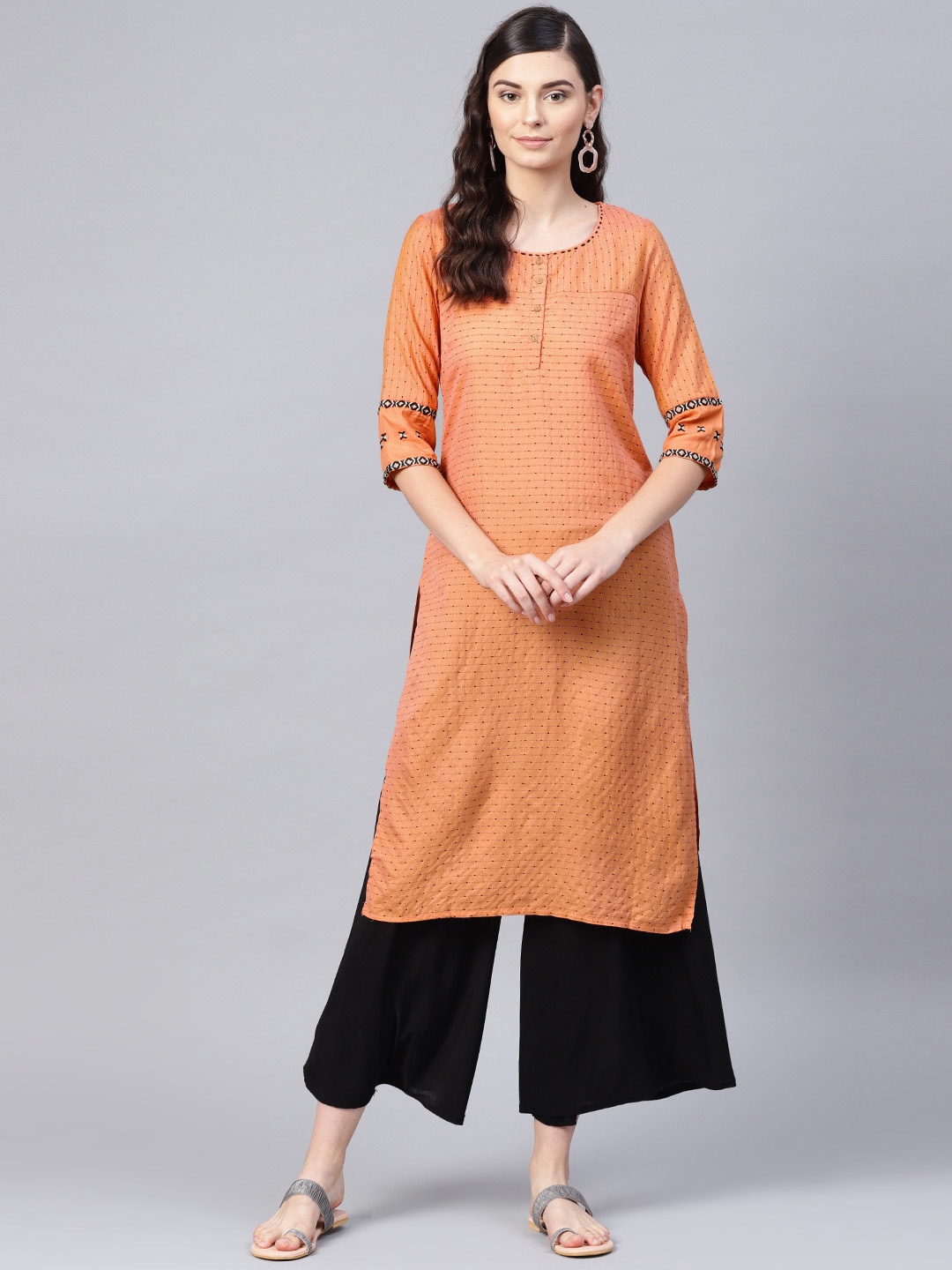 

W Women Orange & Black Self-Striped Straight Kurta