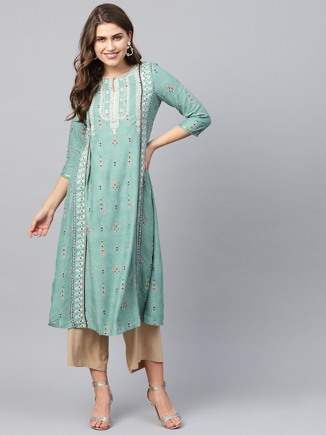 

W Women Sea Green & Golden Printed A-Line Kurta