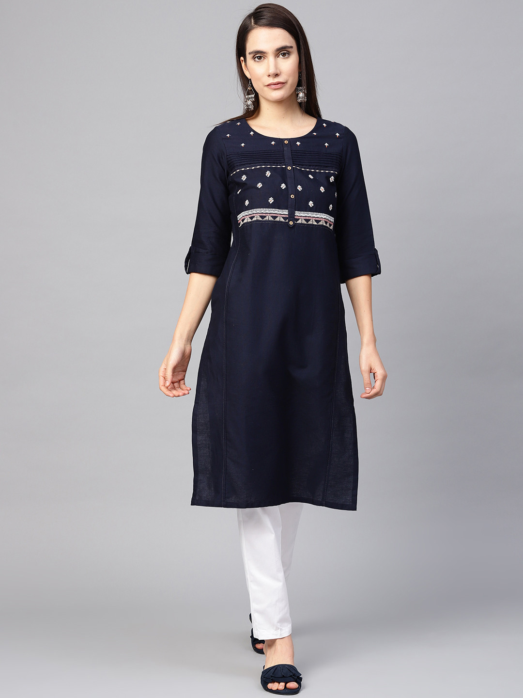 

W Women Navy Blue Yoke Design Straight Kurta