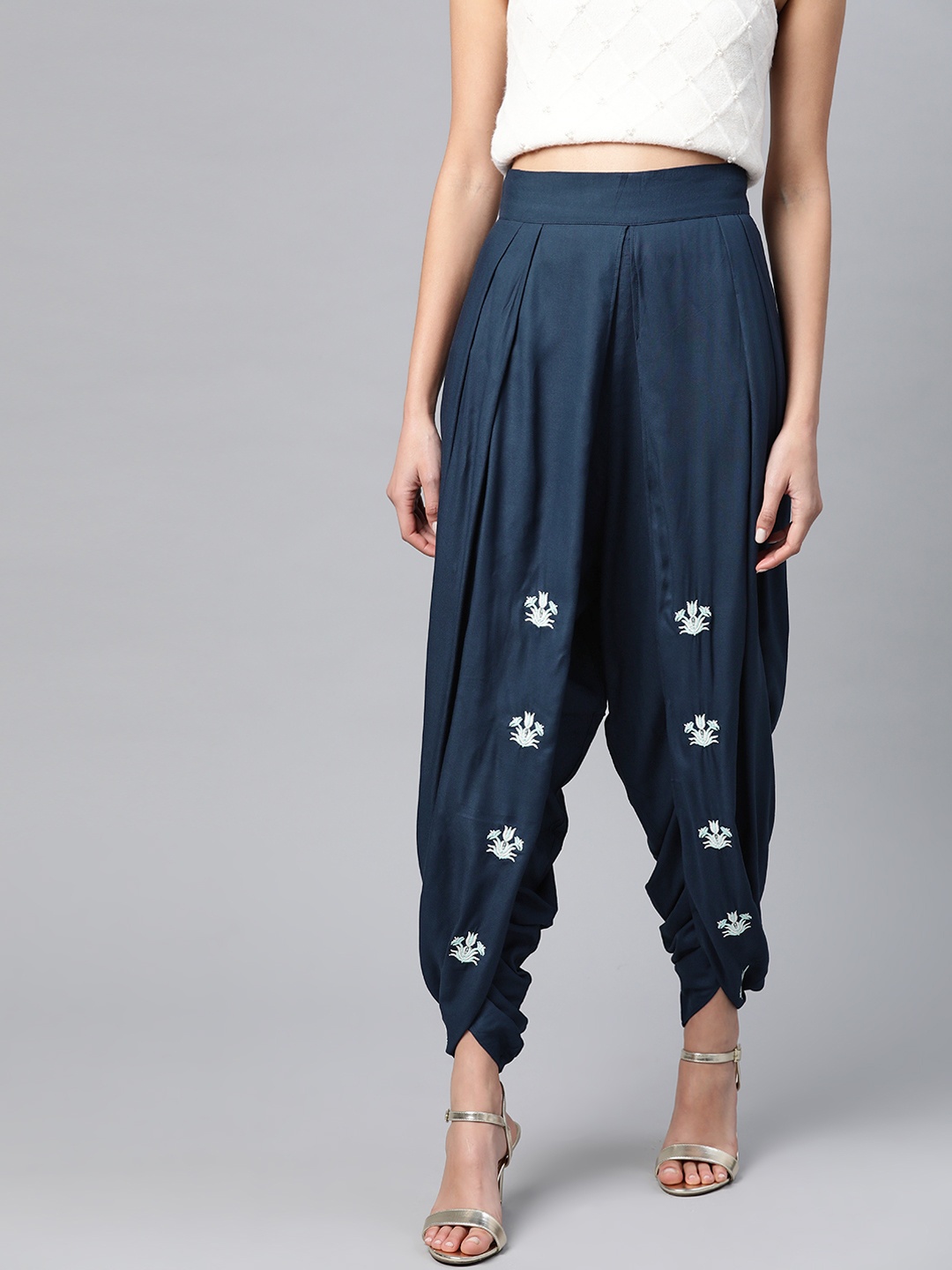 

W Women Navy Blue & White Loose Fit Embroidered Detail Dhoti Pants