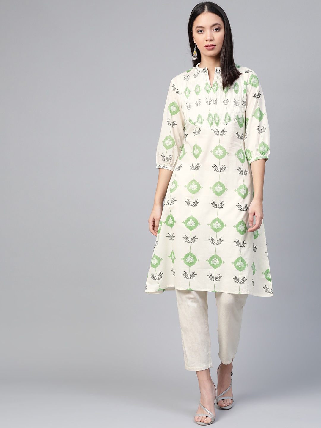

W Women Off-White & Green Printed A-Line Kurta