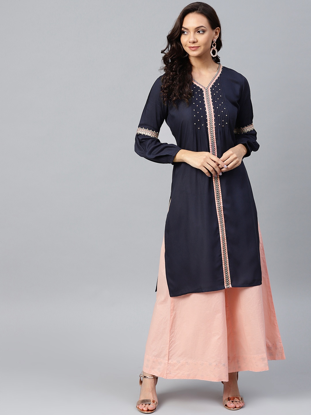 

W Women Navy Blue Yoke Design Straight Kurta