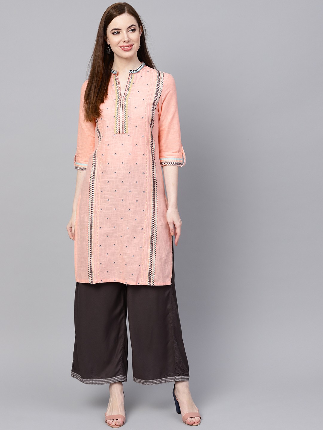 

W Women Peach-Coloured & Charcoal Grey Woven Design Straight Kurta