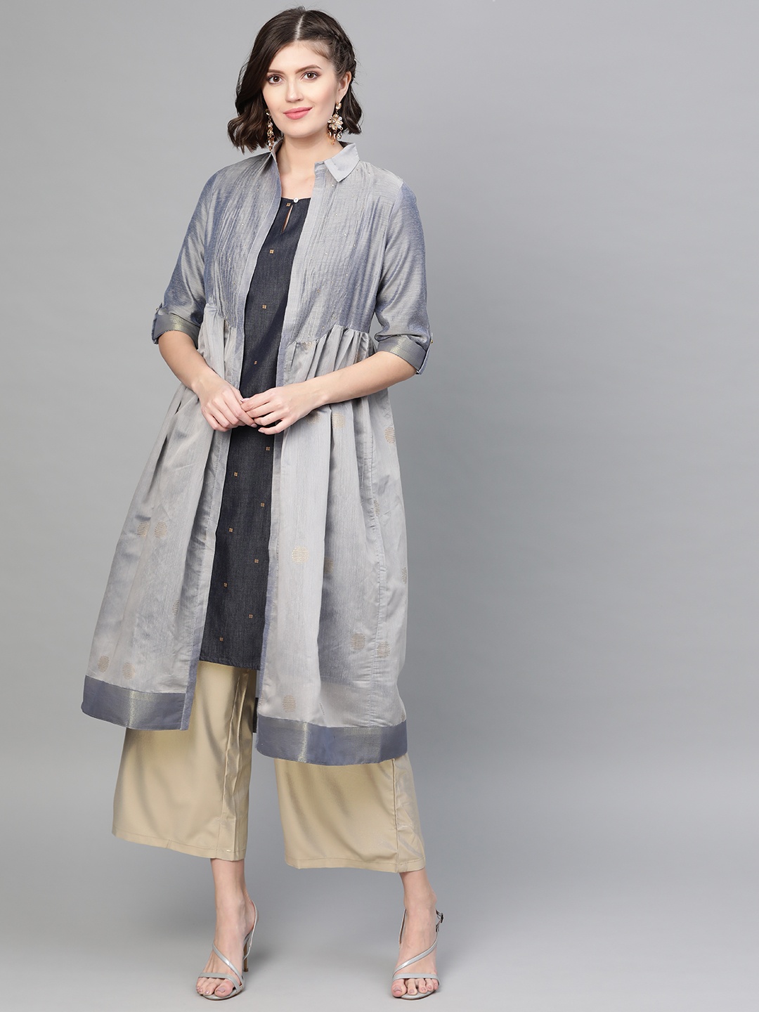 

W Women Grey & Navy Blue Printed A-Line Layered Kurta