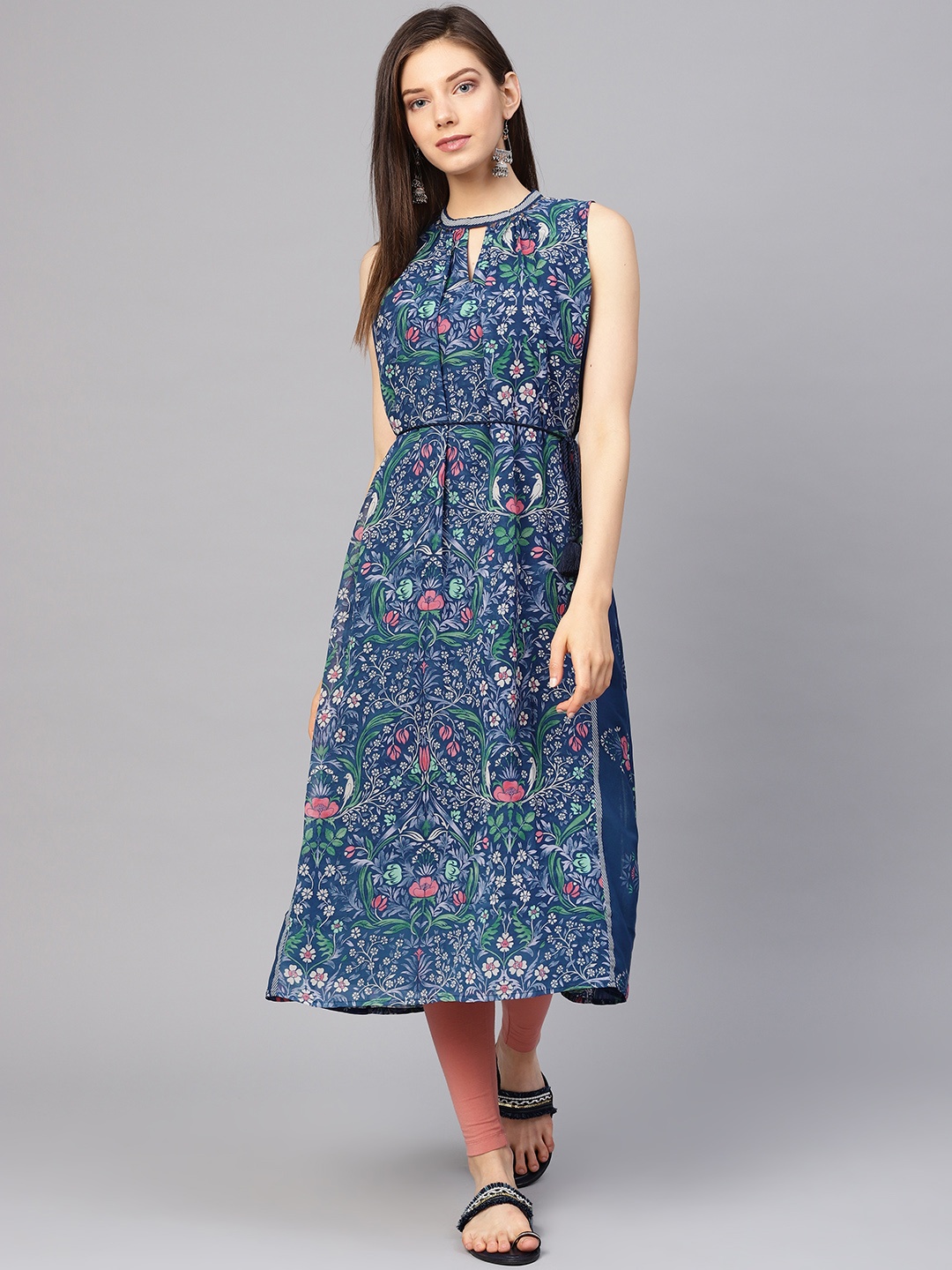 

W Women Navy Blue & Pink Floral Printed A-Line Kurta