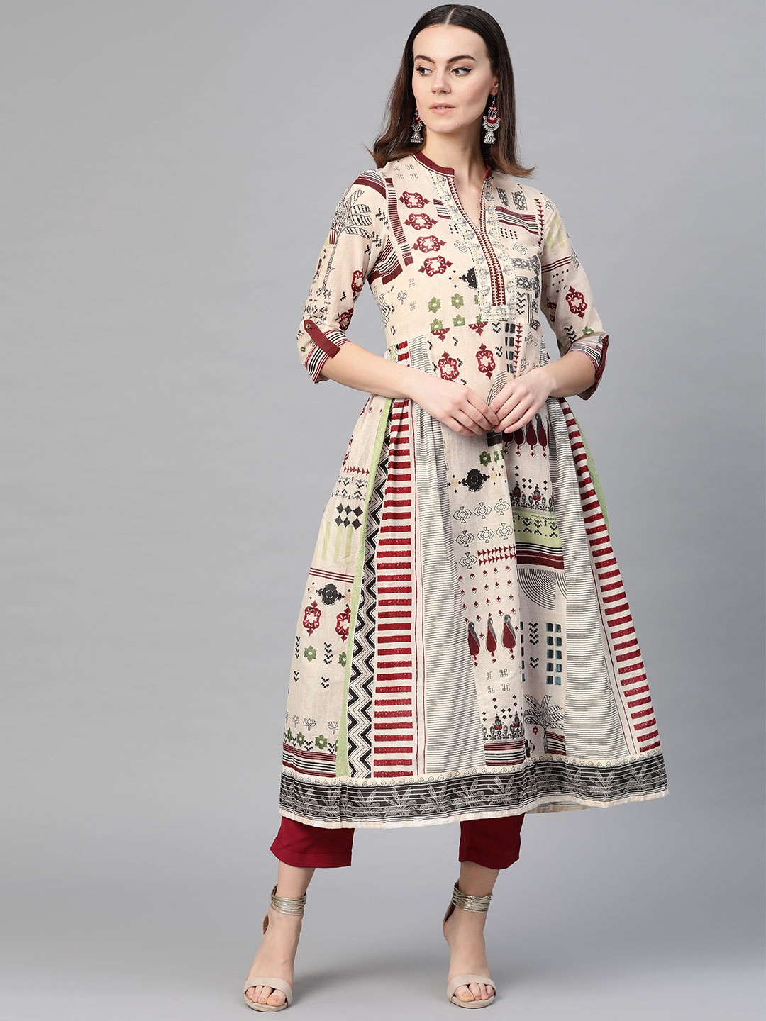 

W Women Beige & Maroon Printed A-Line Kurta