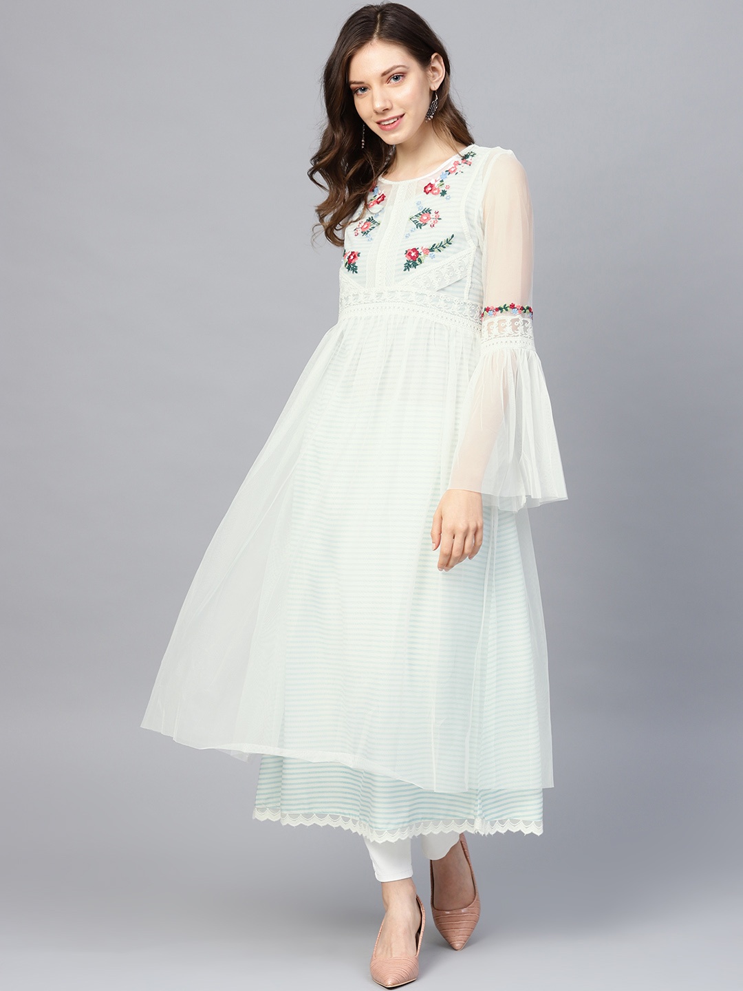 

W Women White & Blue Floral Embroidered Lace Layered A-Line Kurta