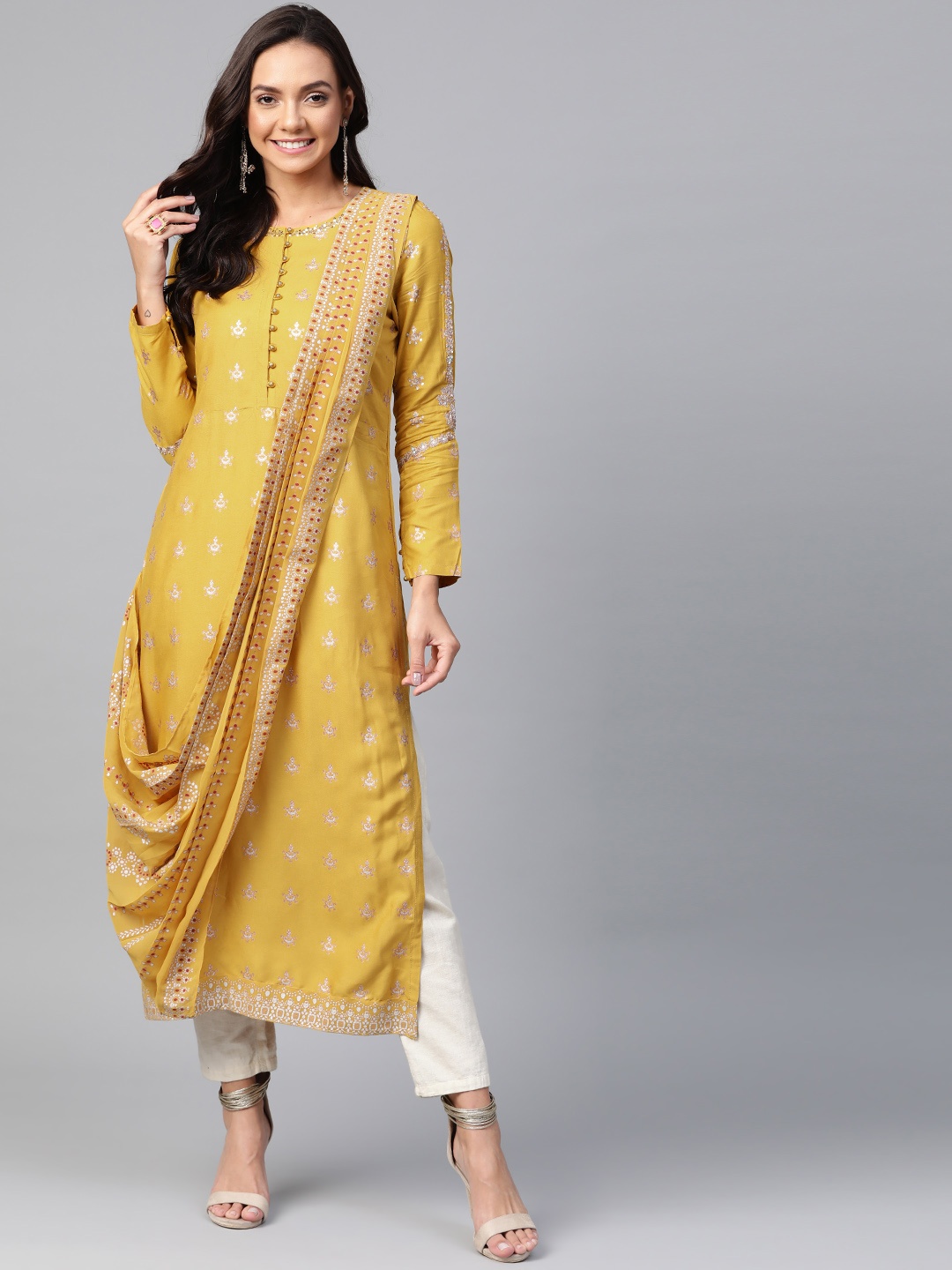 

W Women Mustard Yellow & Silver Printed Straight Kurta With Attached Cowl