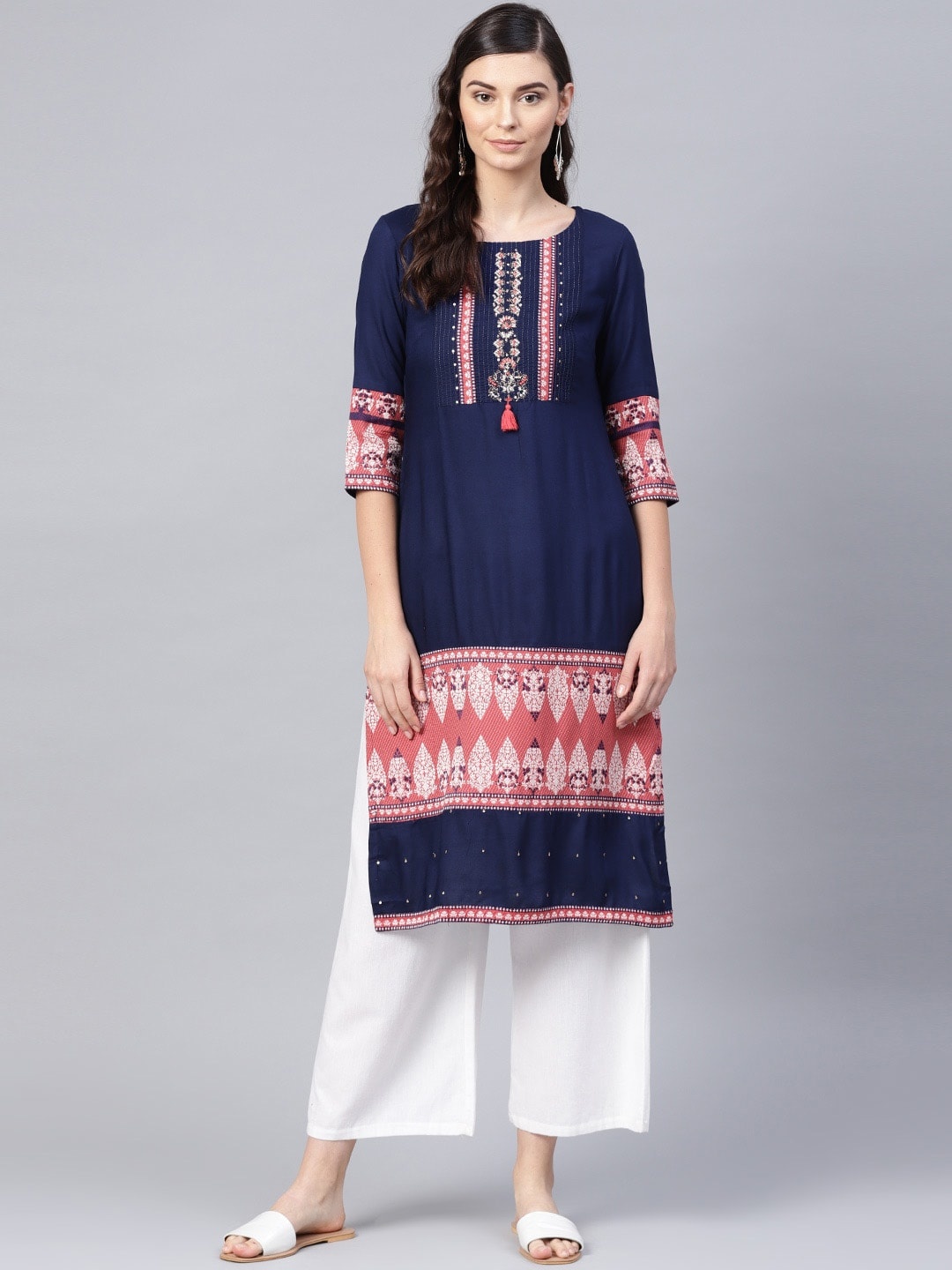 

W Women Navy Blue & Peach-Coloured Yoke Design Straight Sustainable Kurta