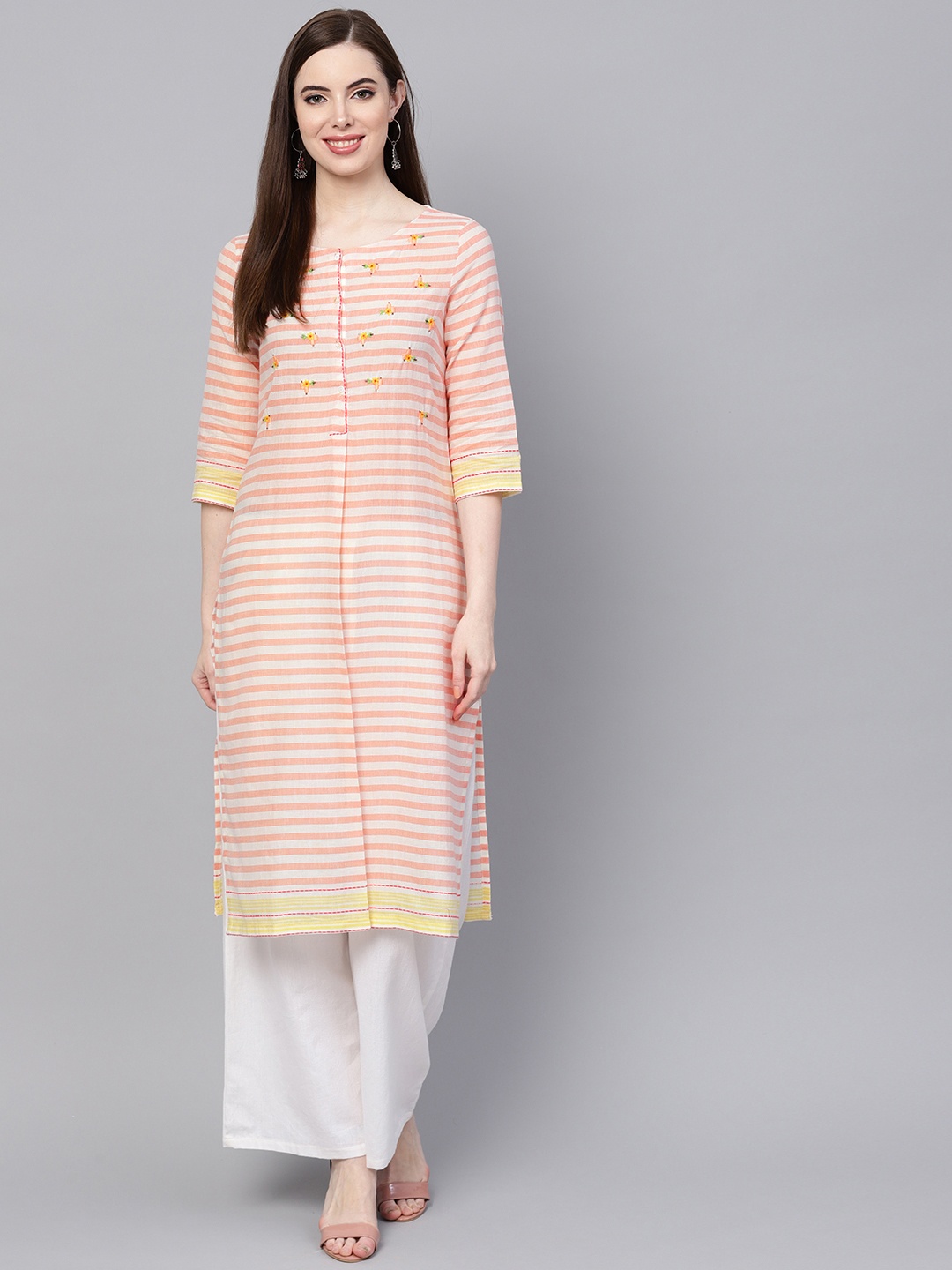 

W Women Peach-Coloured & White Striped with Floral Embroidered Detail Straight Kurta