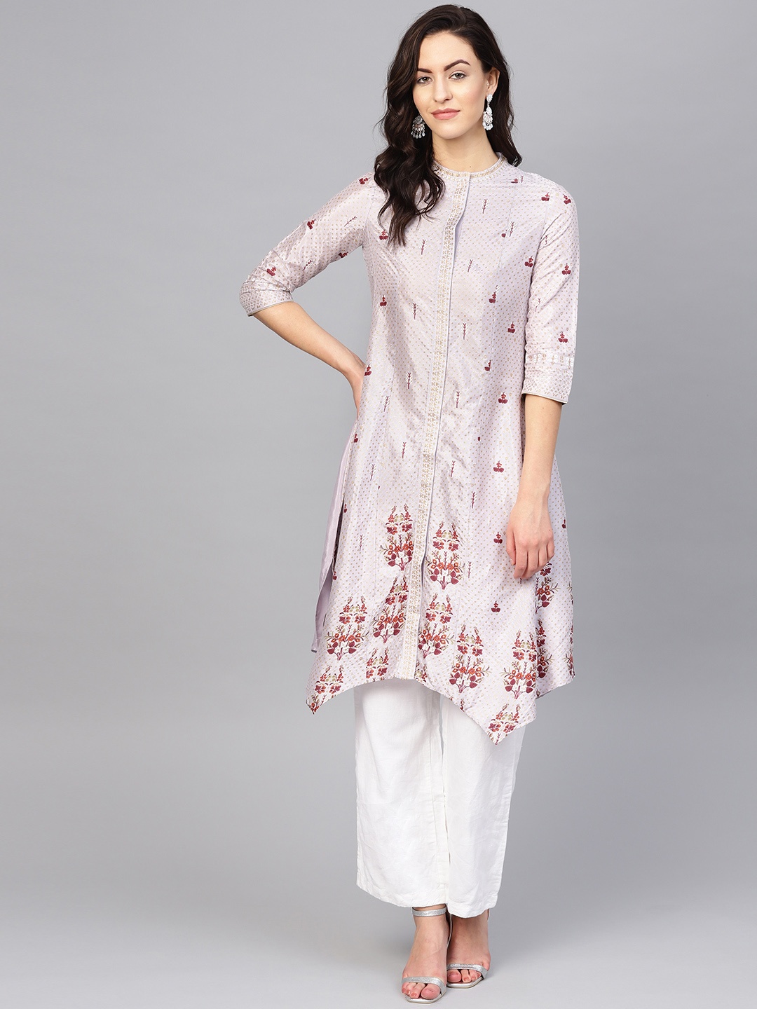 

W Women Lavender & Golden Asymmetric Hemline Printed Panelled A-Line Kurta