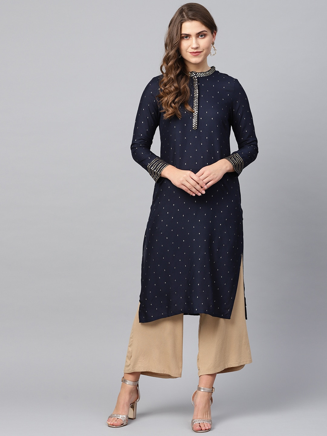 

W Women Navy Blue & Golden Printed Straight Sustainable Kurta