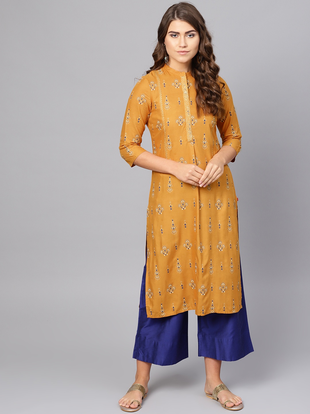 

W Women Mustard Yellow & Blue Printed Straight Kurta