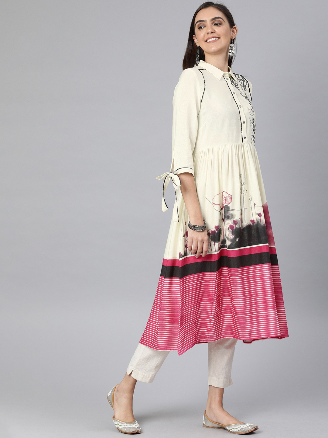 

W Women Off-White & Pink Printed A-Line Kurta