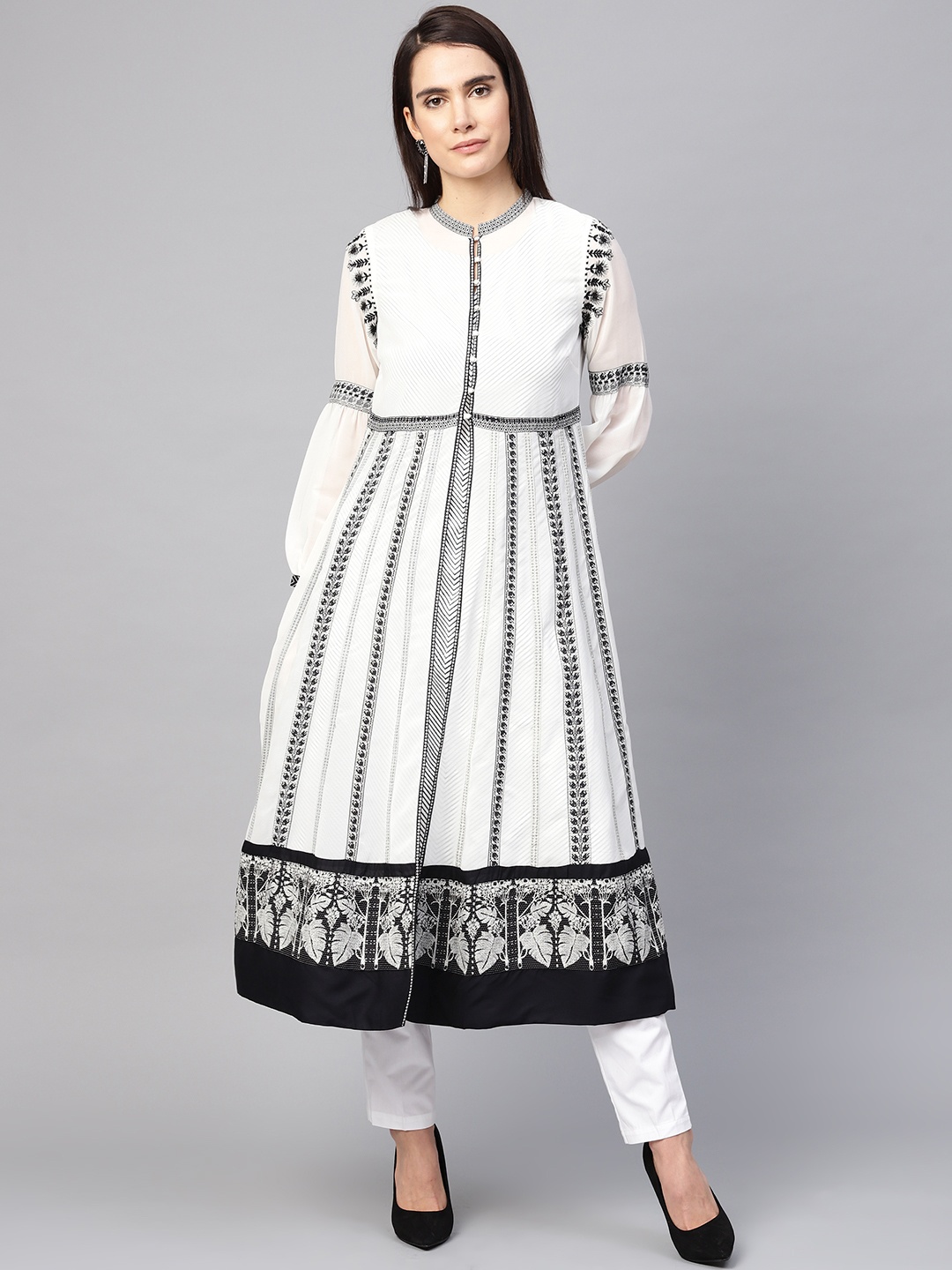 

W Women White & Navy Blue Floral Embroidered Layered A-line Kurta
