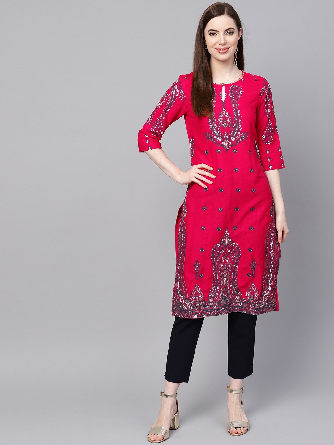 

W Women Red & Navy Blue Printed Straight Kurta