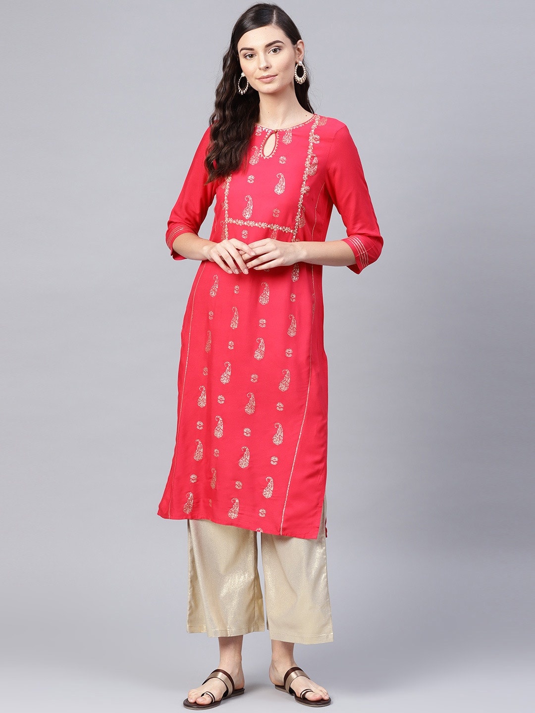 

W Women Pink & Golden Printed Straight Sustainable Kurta