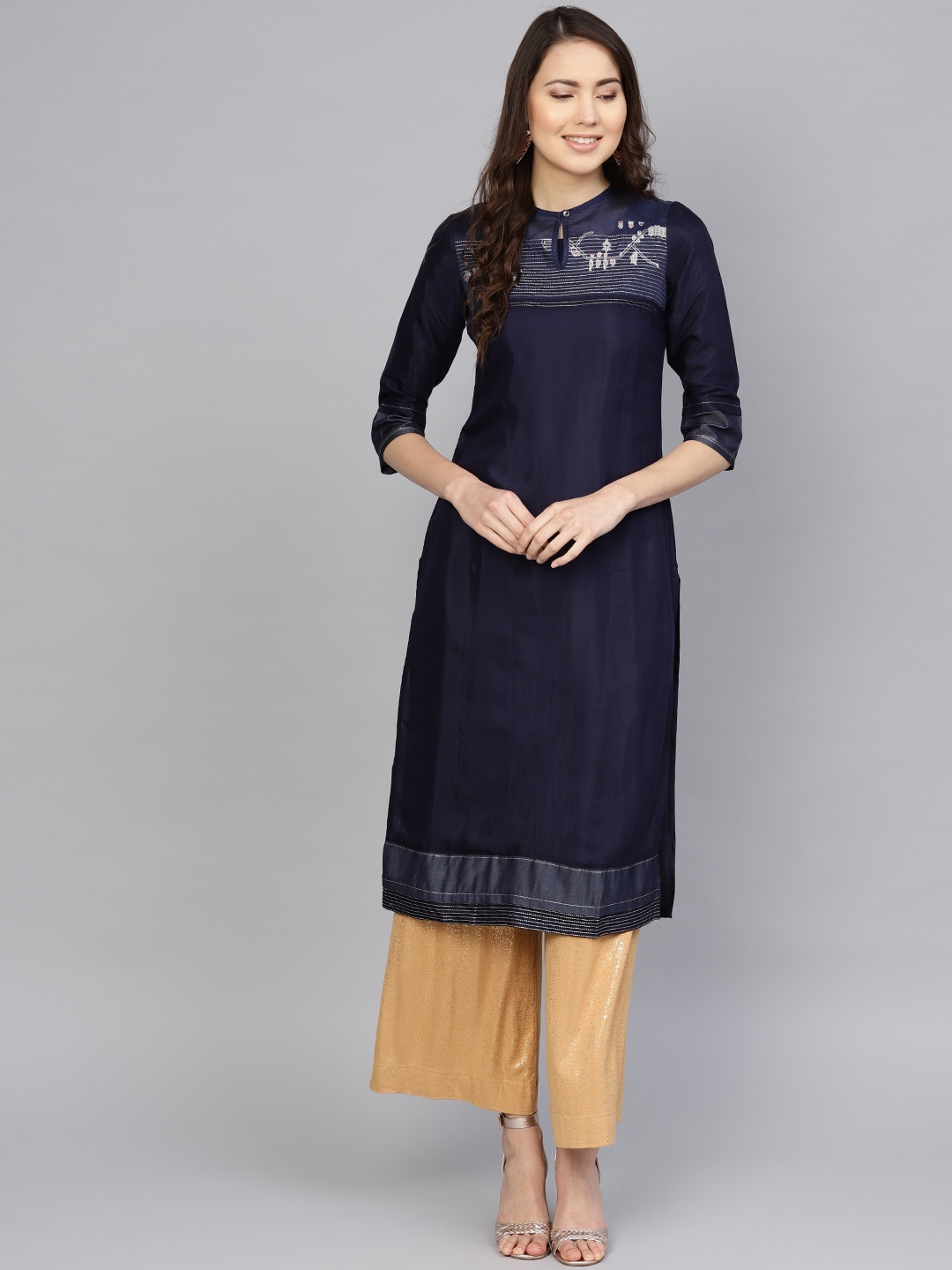 

W Women Navy Blue Quirky Yoke Design Straight Kurta