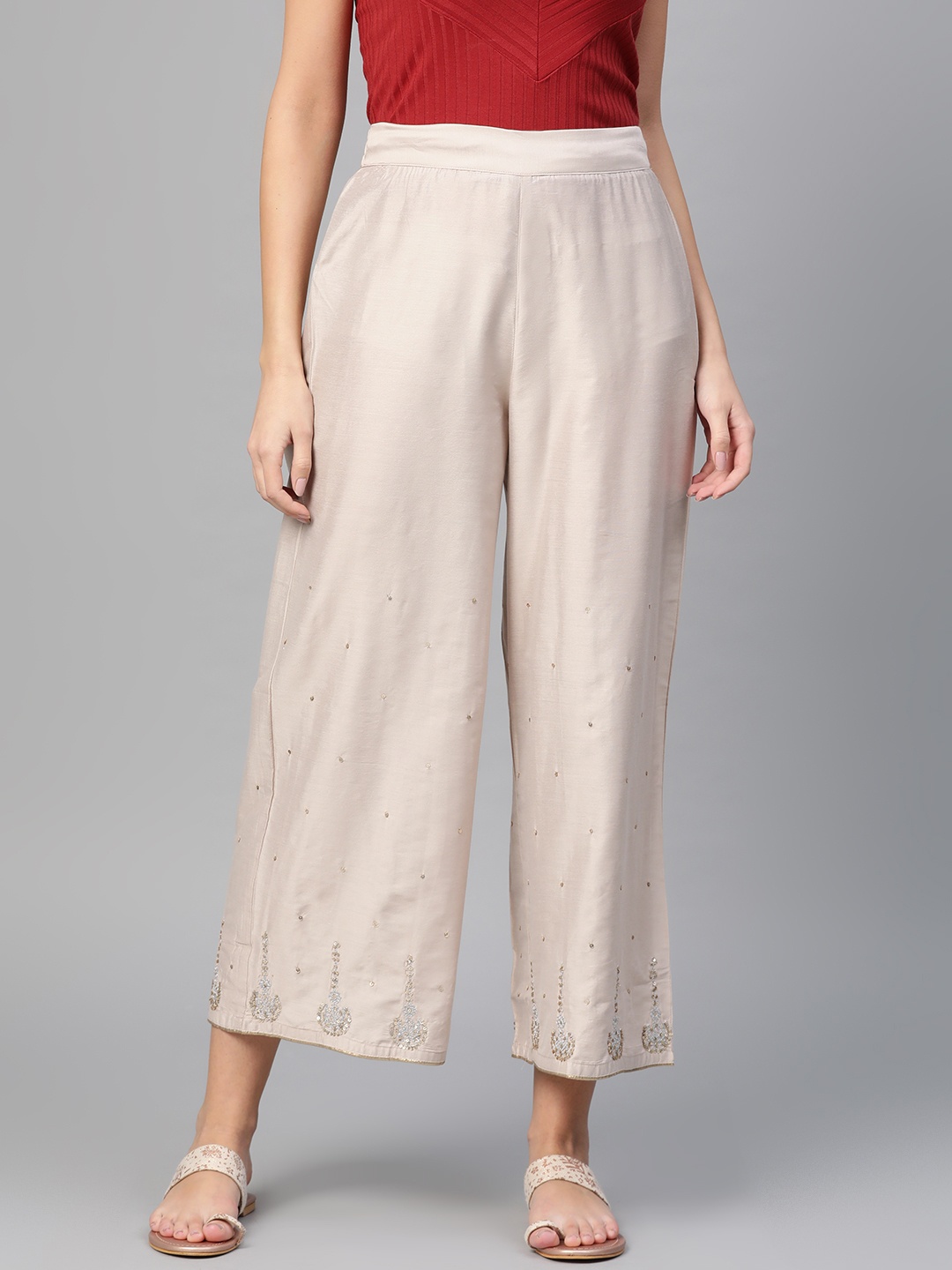 

W Women Beige Solid Wide Leg Cropped Palazzos