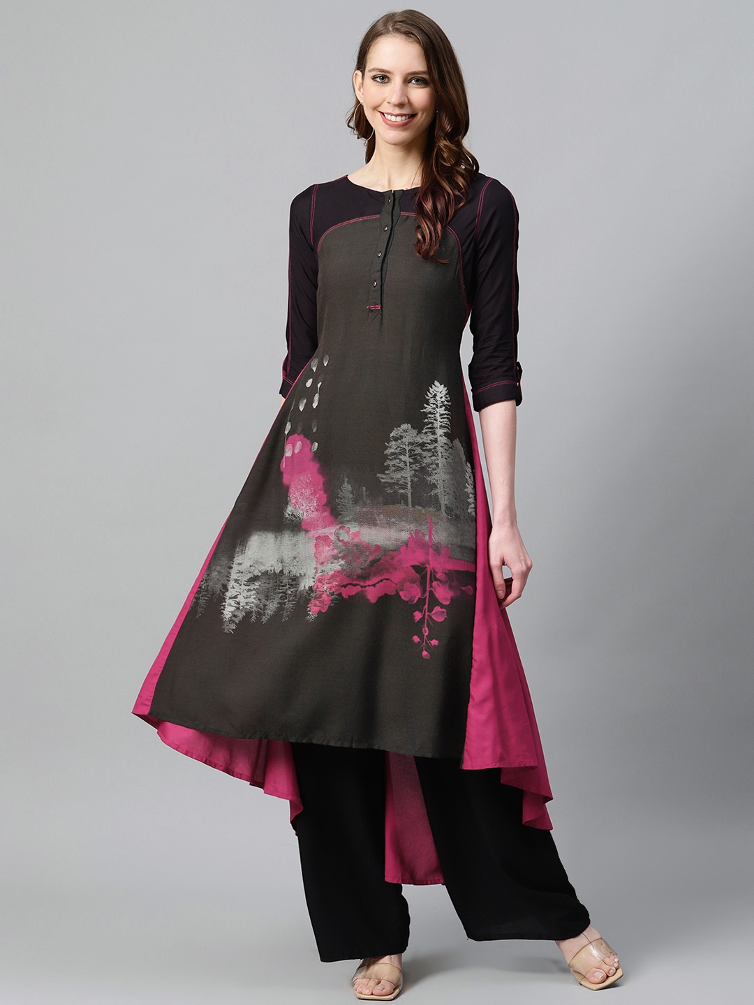 

W Women Charcoal Grey & Magenta Graphic Printed High-Low A-Line Kurta