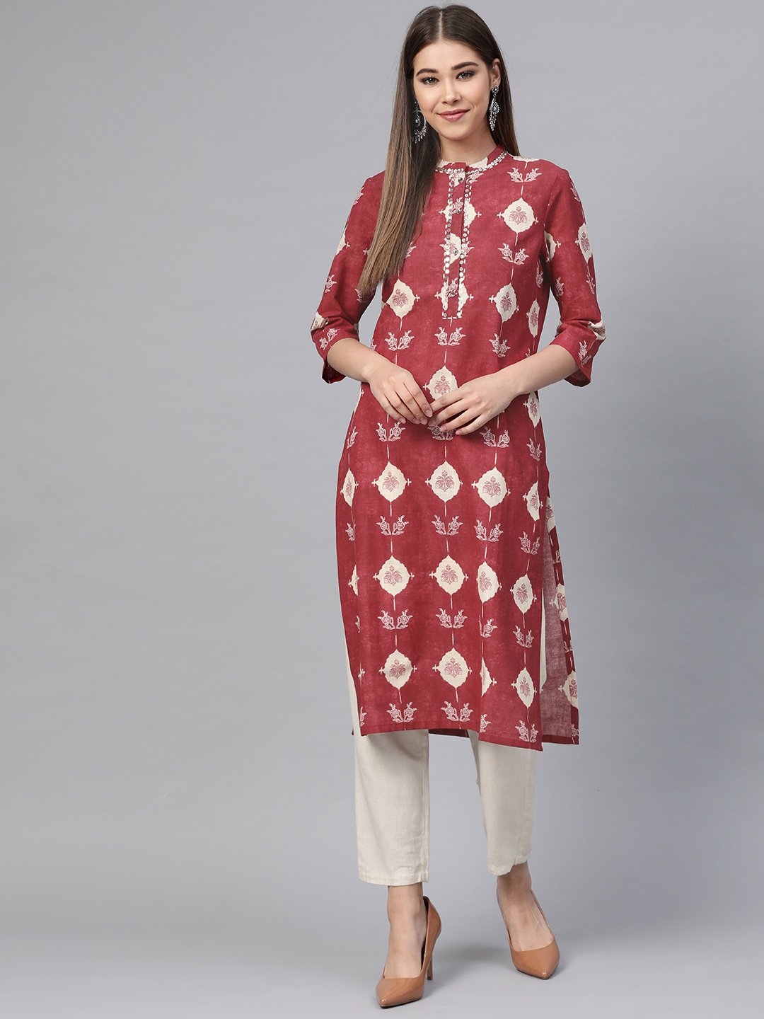 

W Women Rust Red & Off-White Printed Straight Kurta