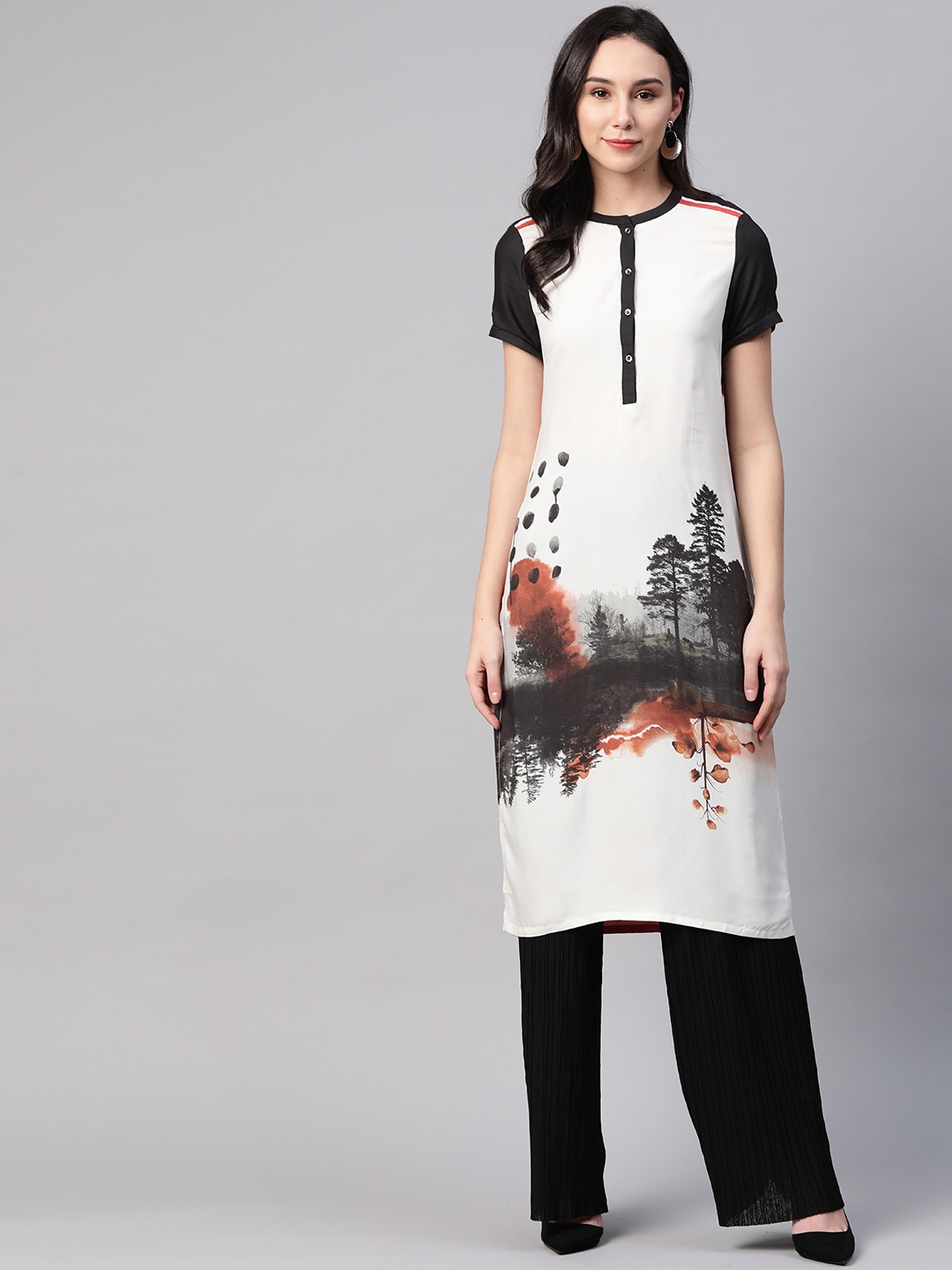 

W Women Off-White & Charcoal Grey Printed Straight Kurta