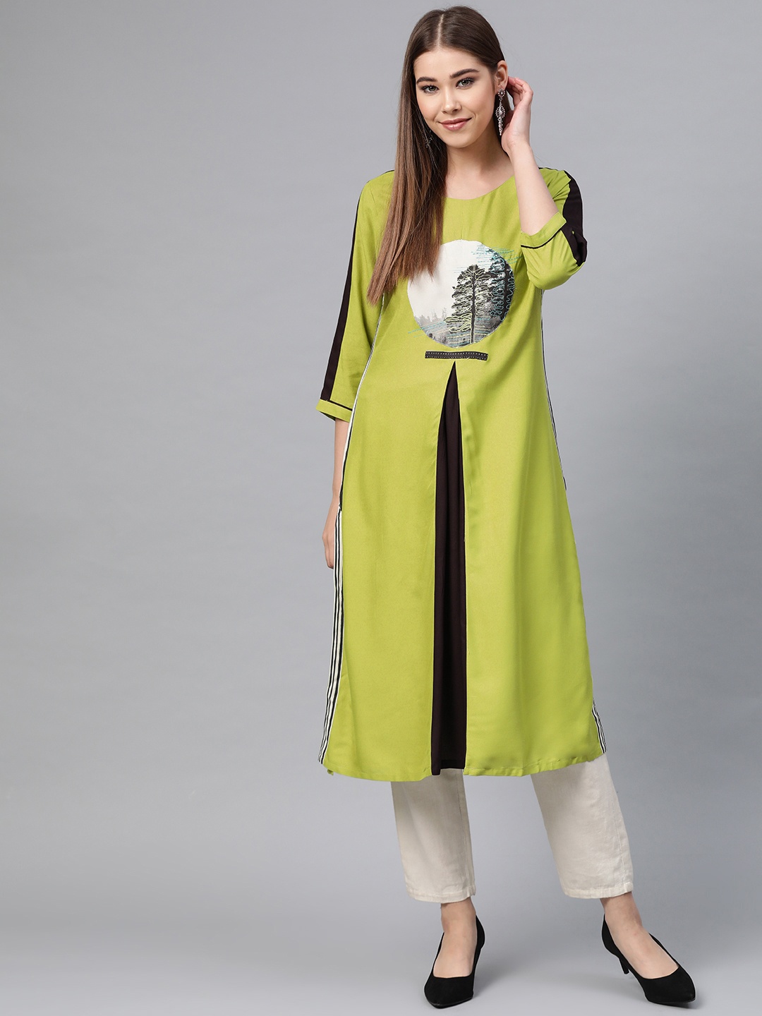 

W Women Green & Black Layered Landscape Print Detail Straight Kurta