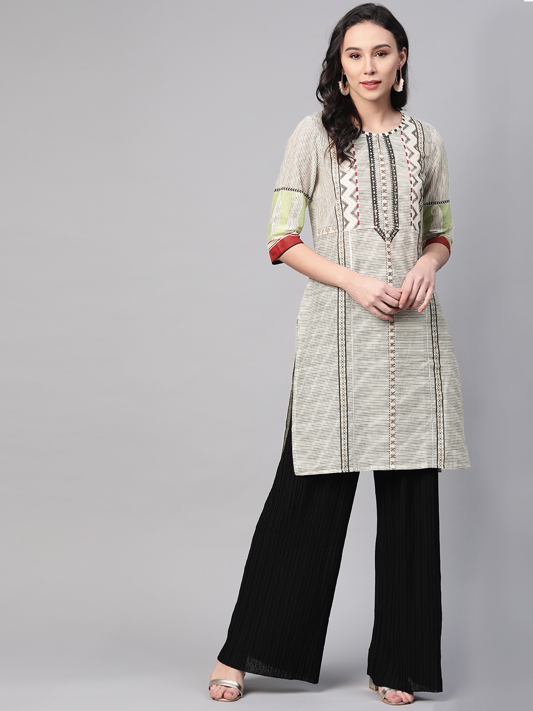 

W Women Off-White & Black Striped Straight Kurta