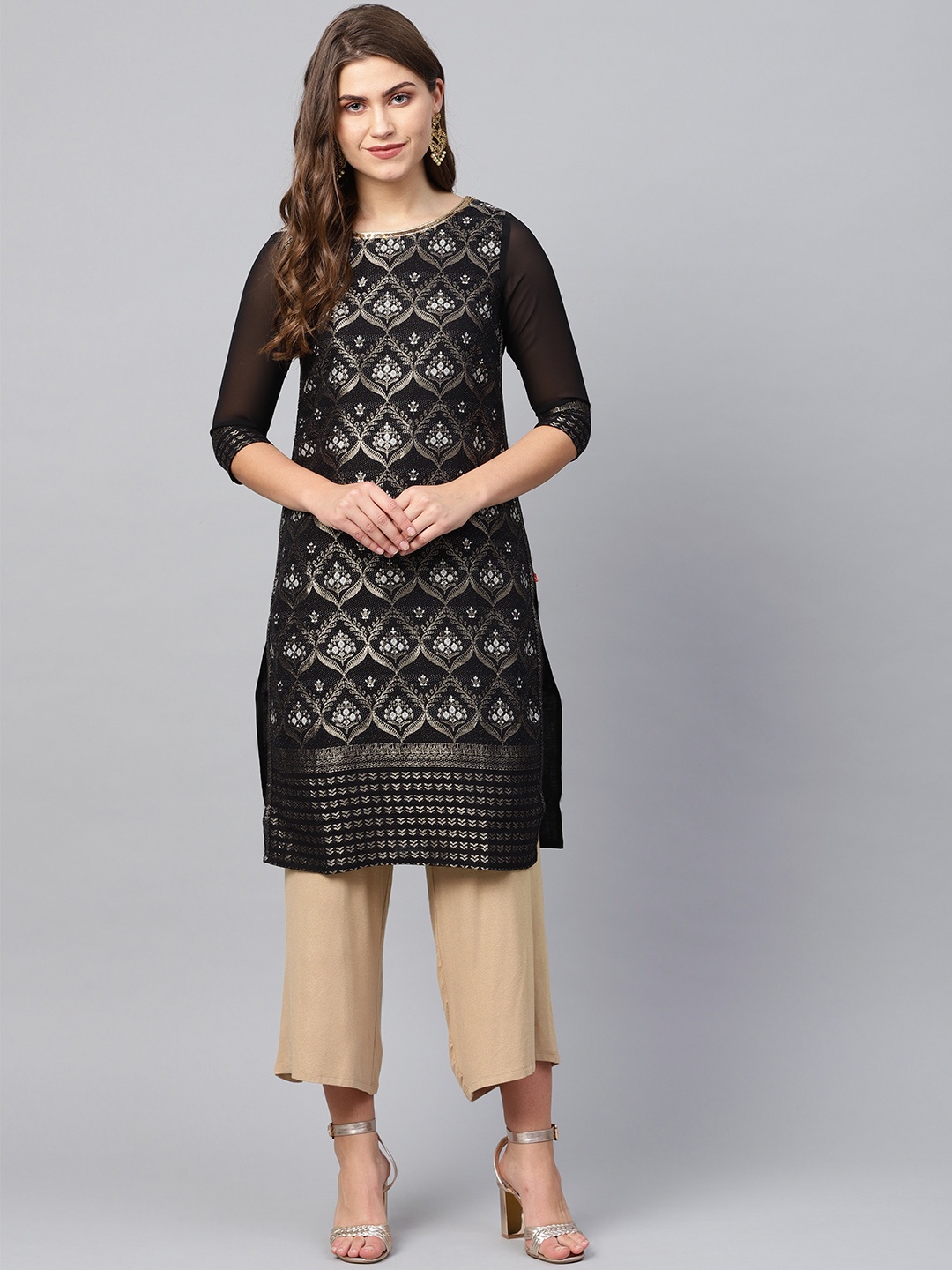 

W Women Black & Golden Woven Design Straight Kurta