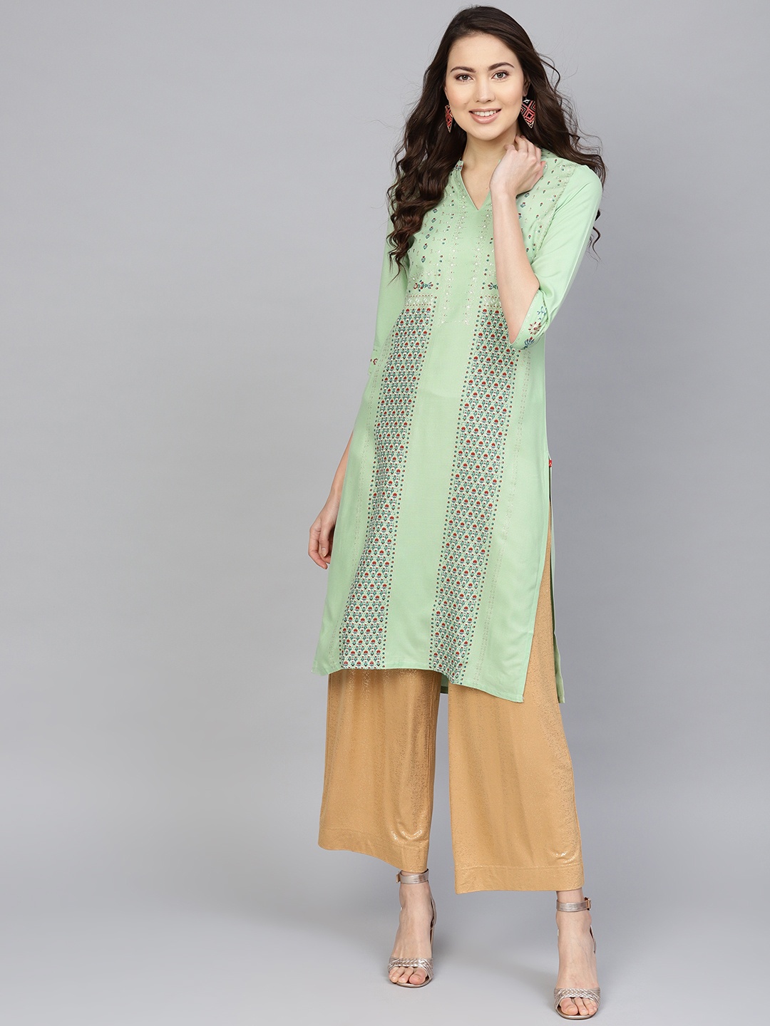 

W Women Green & Rust Orange Floral Printed Straight Kurta
