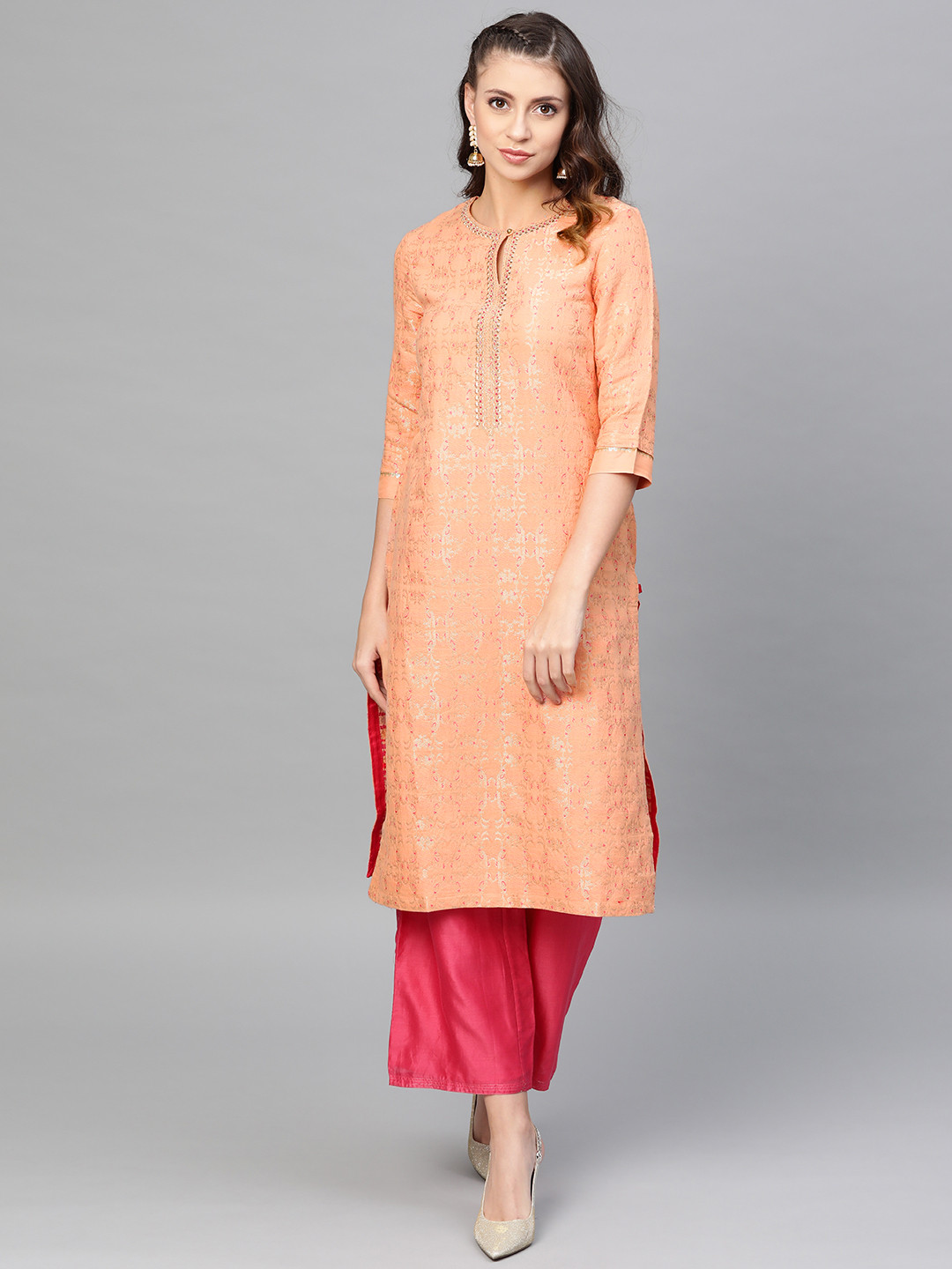 

W Women Peach-Coloured and Golden Woven Design Straight Kurta