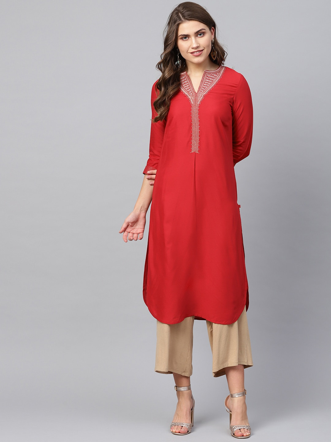 

W Women Red Yoke Design Straight Sustainable Kurta
