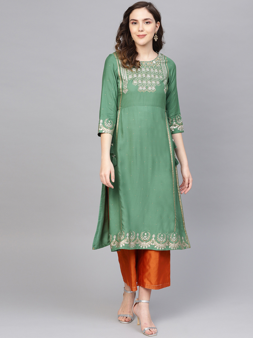 

W Women Green & Silver Printed Panelled A-Line Kurta with Sequinned Detail