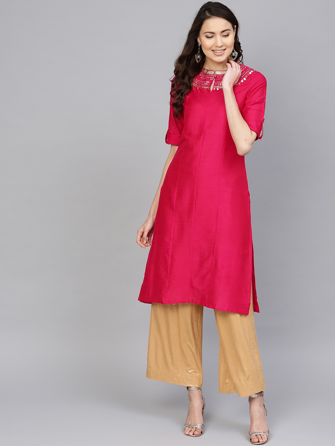 

W Women Pink Solid Straight Kurta