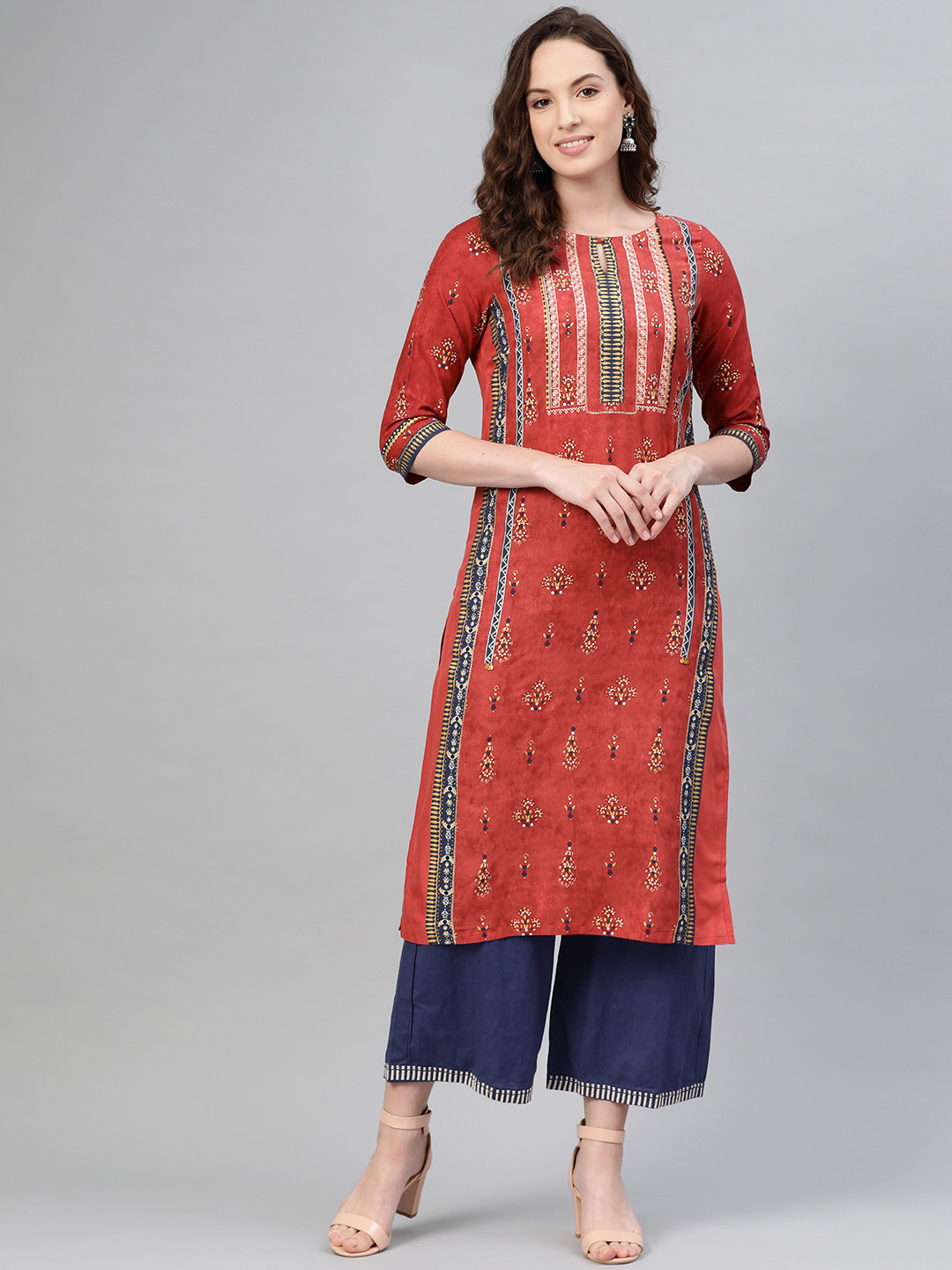 

W Women Rust Orange & Navy Blue Printed Straight Kurta