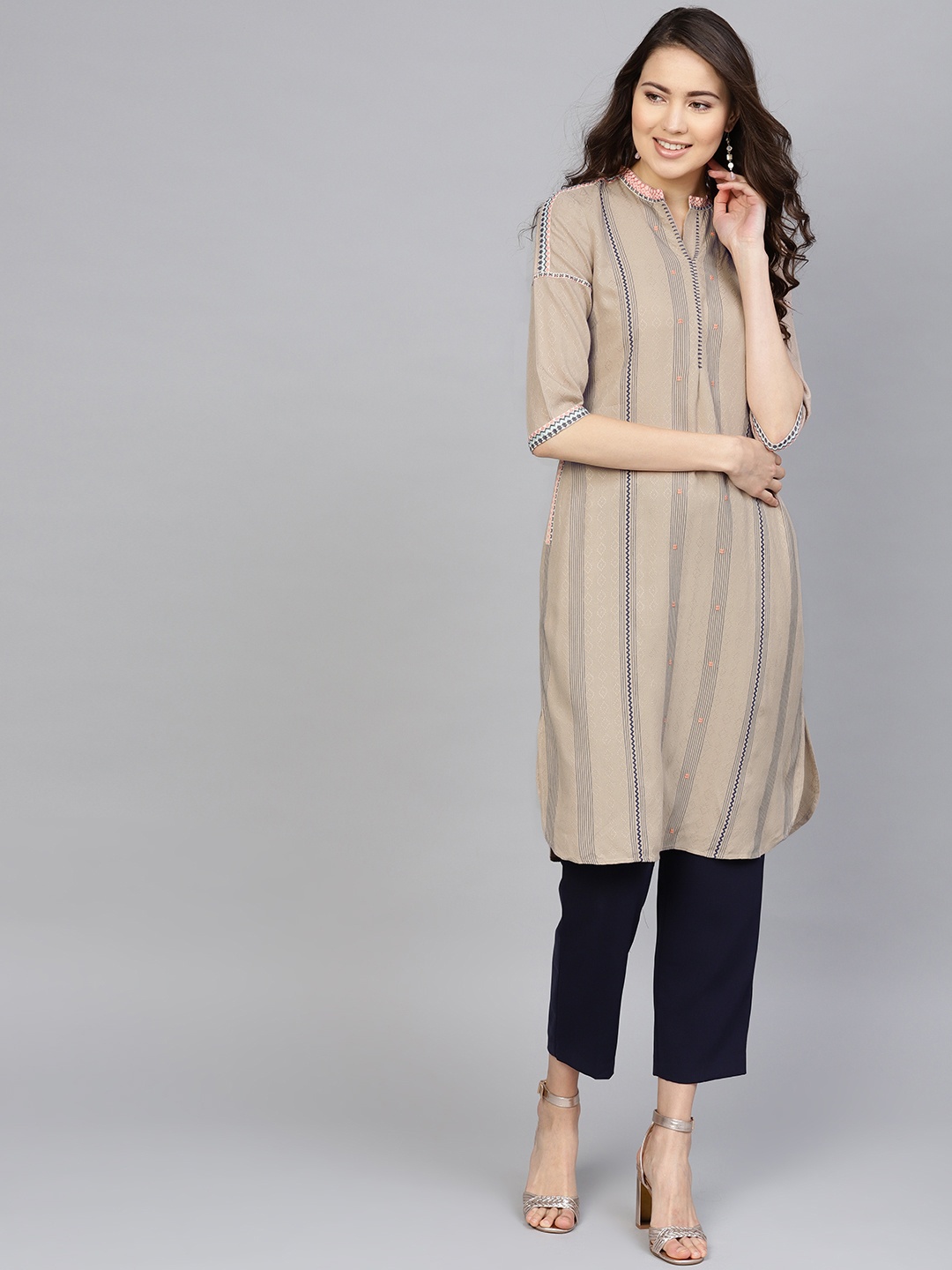

W Women Beige & Navy-Blue Self-Striped Straight Kurta