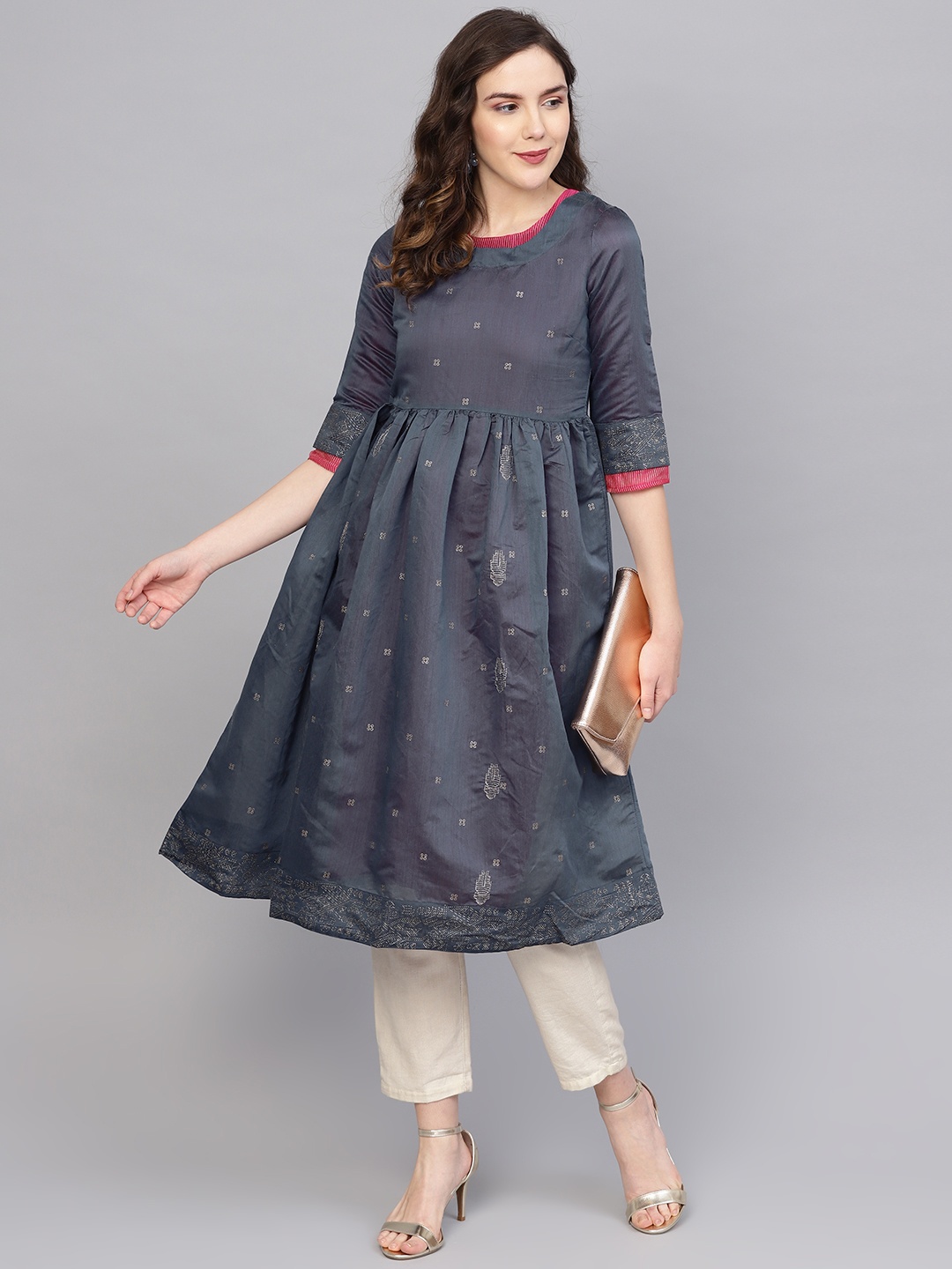 

W Women Navy Blue Printed A-Line Kurta